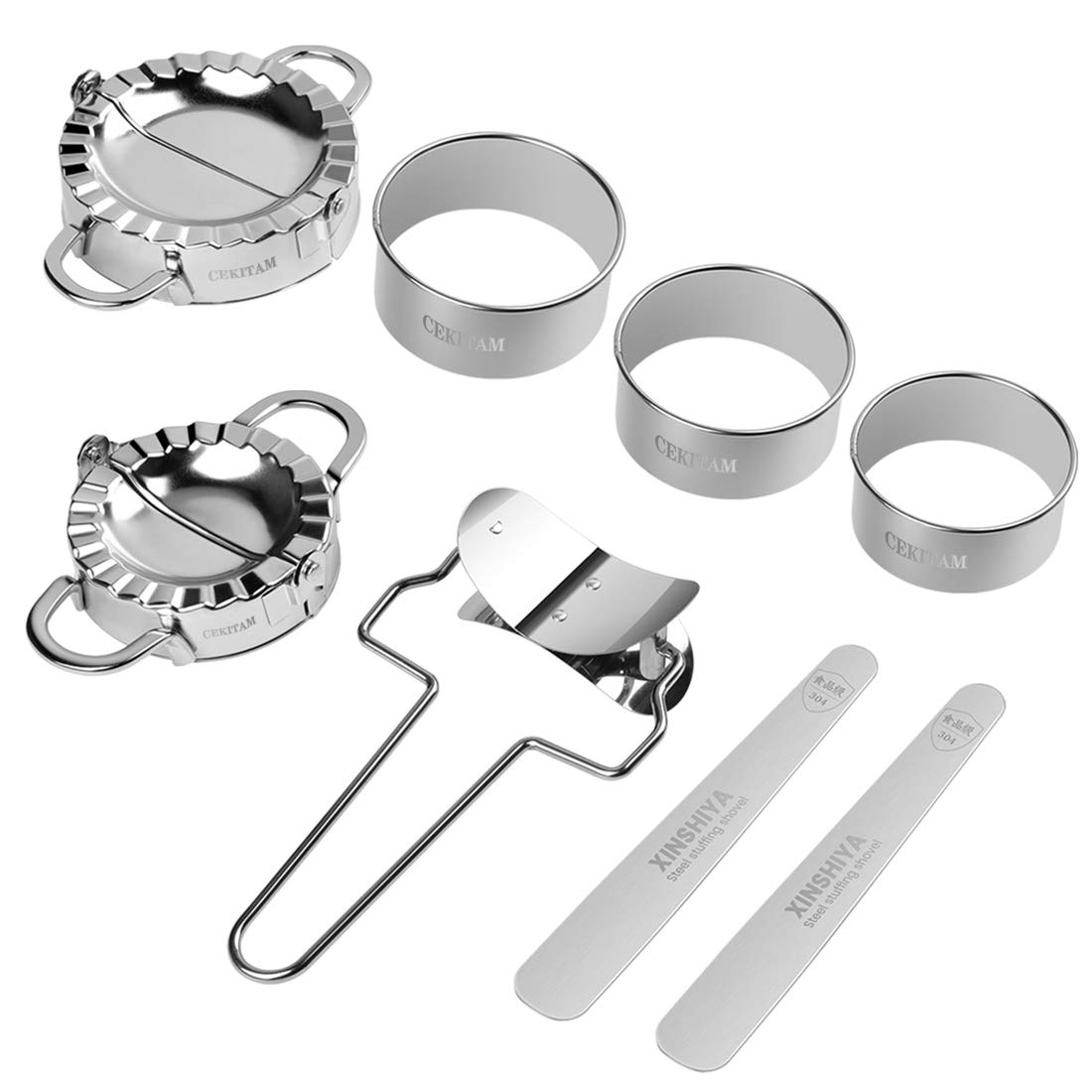 8 Pcs Dumpling Maker,Stainless Steel Ravioli Dumpling Mould Mold Press Set Kitchen Accessories(2 dumpling maker+ 1 dumpling cutter +3 dumpling skin cutter +2 x Stuffing spoon)