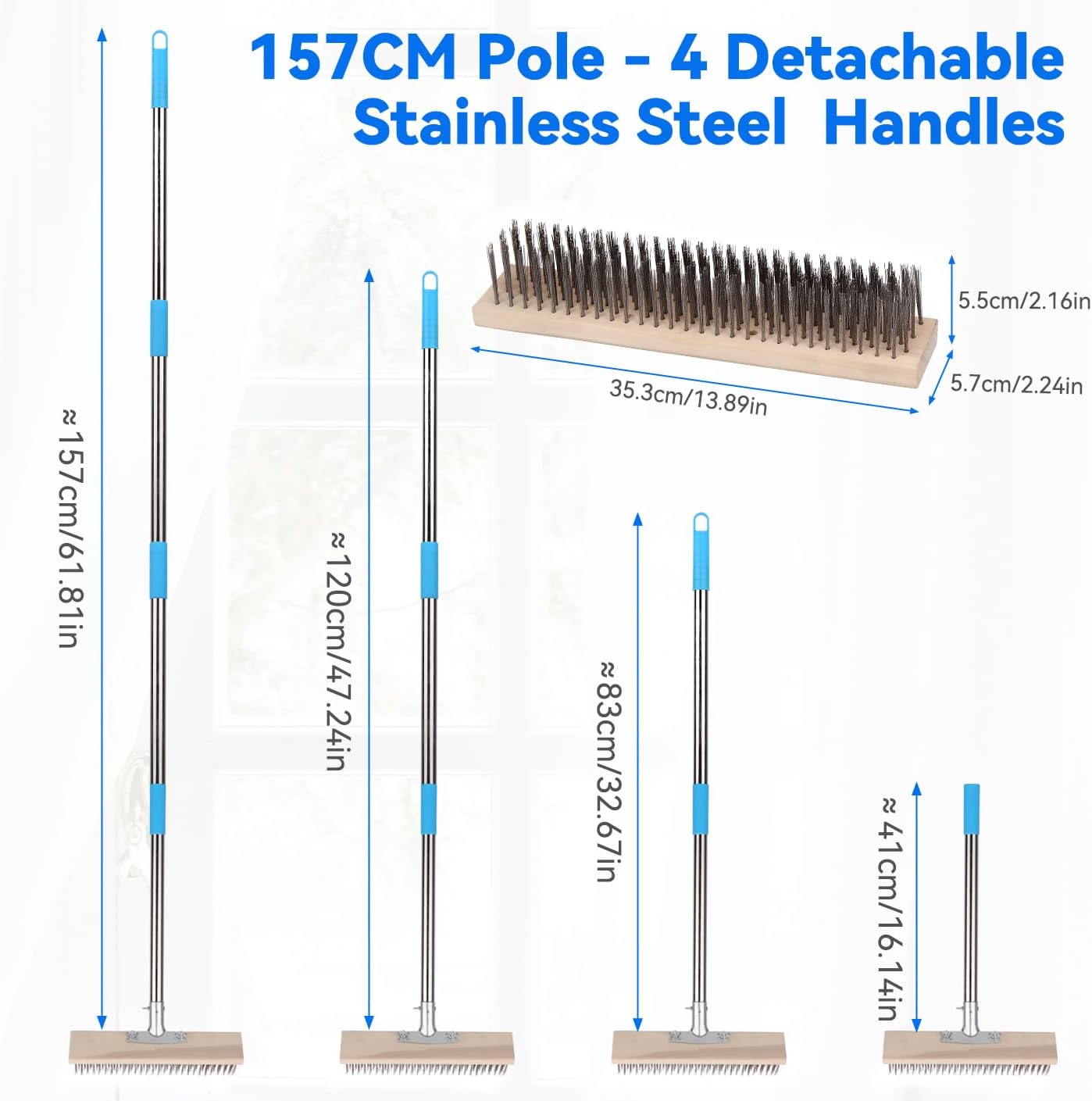 Heavy Duty Wire Broom with 70.8" Telescopic Handle: Stainless Steel Outdoor Broom for Cleaning Moss Concrete Floors Grout Gardens Patio Deck Concrete Garage (Style 2)