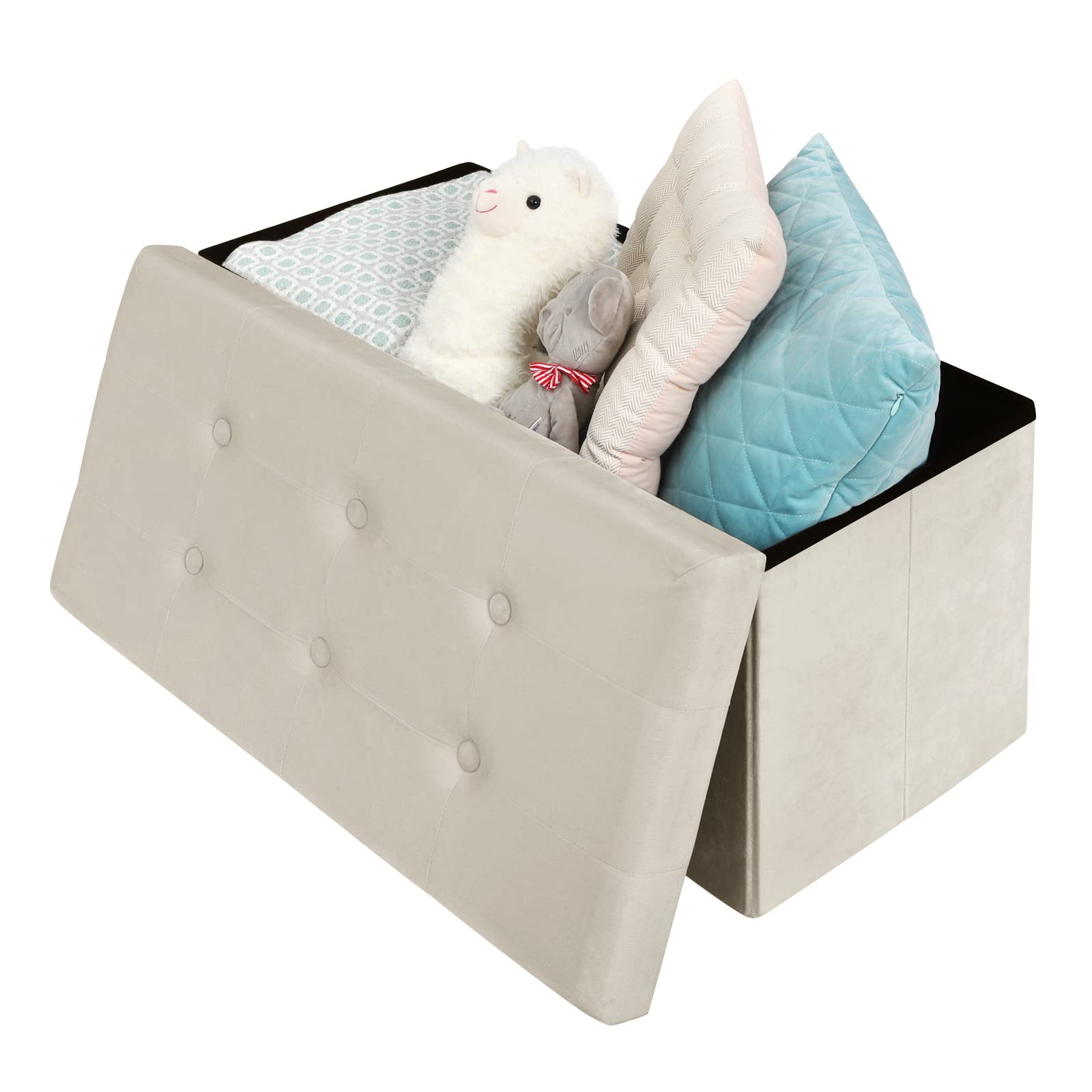 WOLTU Otomano y reposapié con Tapa, Taburete Puff de Terciopelo, Taburete Plegable de Almacenamiento 76x37,5x38 CM Crema
