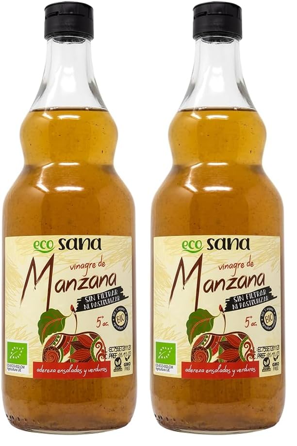 ECOSANA VINAGRE DE MANZANA SIN FILTRAR CERTIFICADO BIO - Sin filtrar ni pasteurizar - VEGANO - Manzanas 100% asturianas - SIN GLUTEN - 75cl (Paquete de 2)