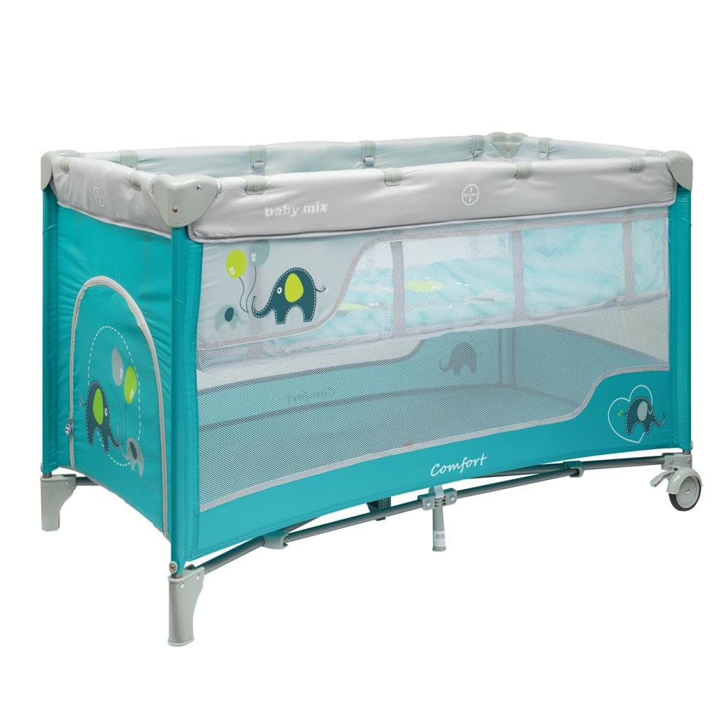 Baby Mix - Reisebett - Elefanten-Design - Hellblau - Faltbar & Leicht - Inklusive Rollen - Belüftungsgitter - Campingbett - Tragbar - Kompakt - Hängematte