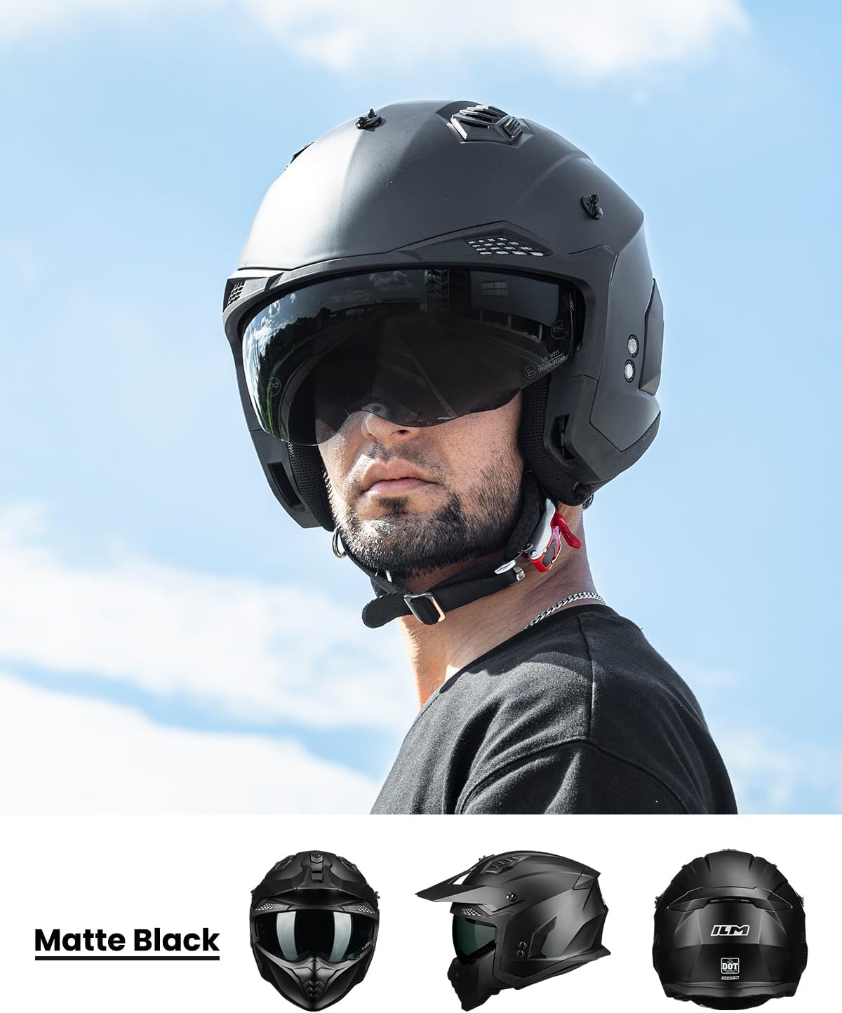 ILM Open Face Motorcycle 3/4 Half Helmet DOT ECE for Adult with Tinted Clear Visor Moped ATV Cruiser Electric Scooter Model HS711(Matte Black,2XL)