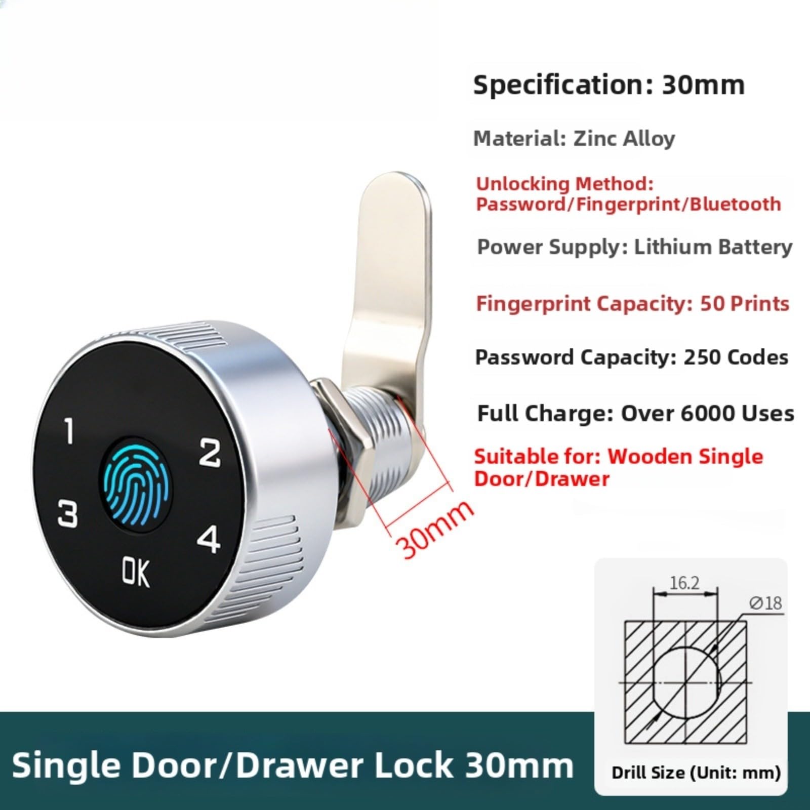 Serrure de porte à empreintes digitales avec écran tactile, serrure électronique sans fil pour tiroir, serrure de sécurité en alliage de zinc prenant en charge 50 empreintes digitales et