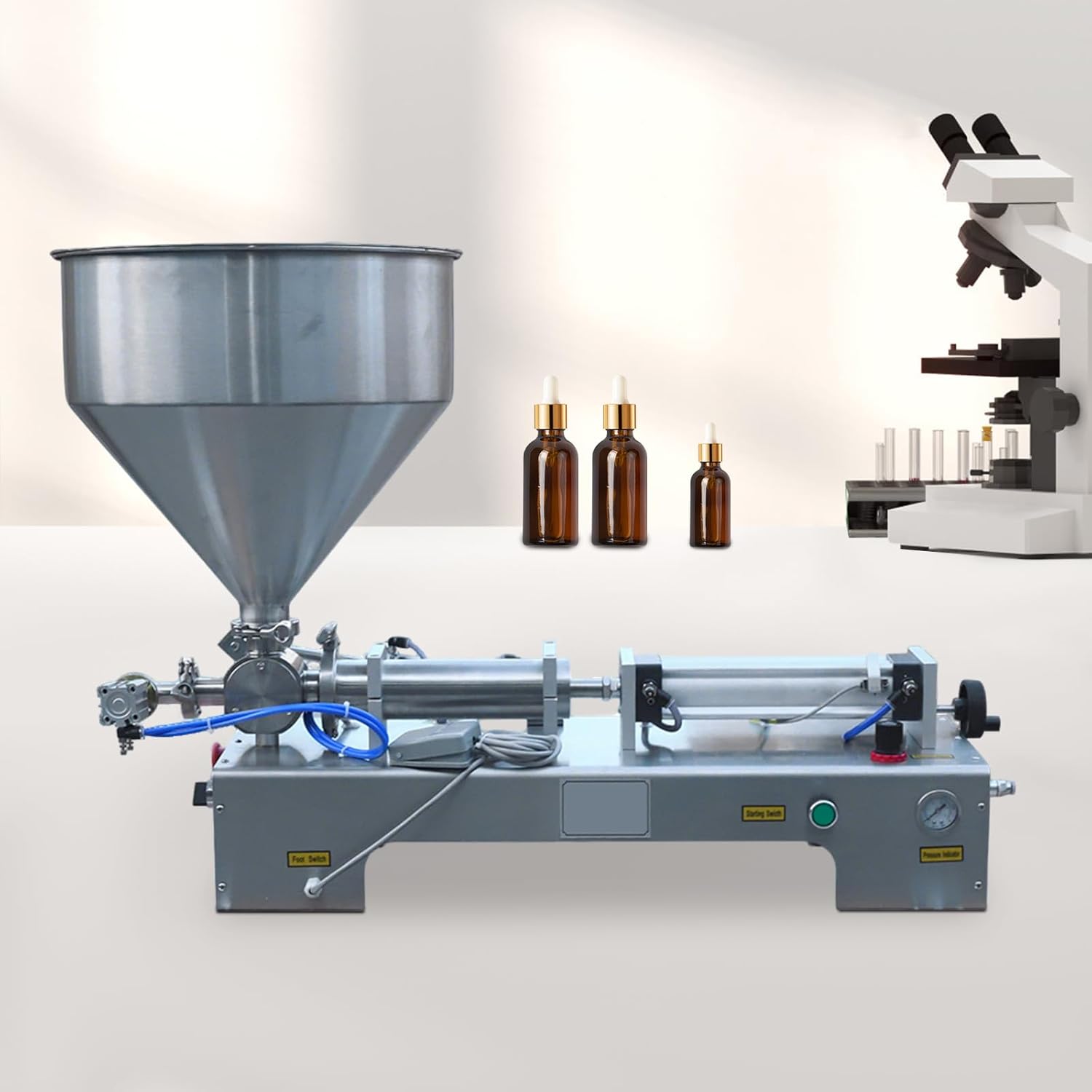 110V Pneumatic Liquid Filling Machine, 100-1000ml (3.38-33.8oz) Liquid Paste Filler US, ≤1% Filling Accuracy, 15-35 Bottles/Min, 304/201 Stainless Steel