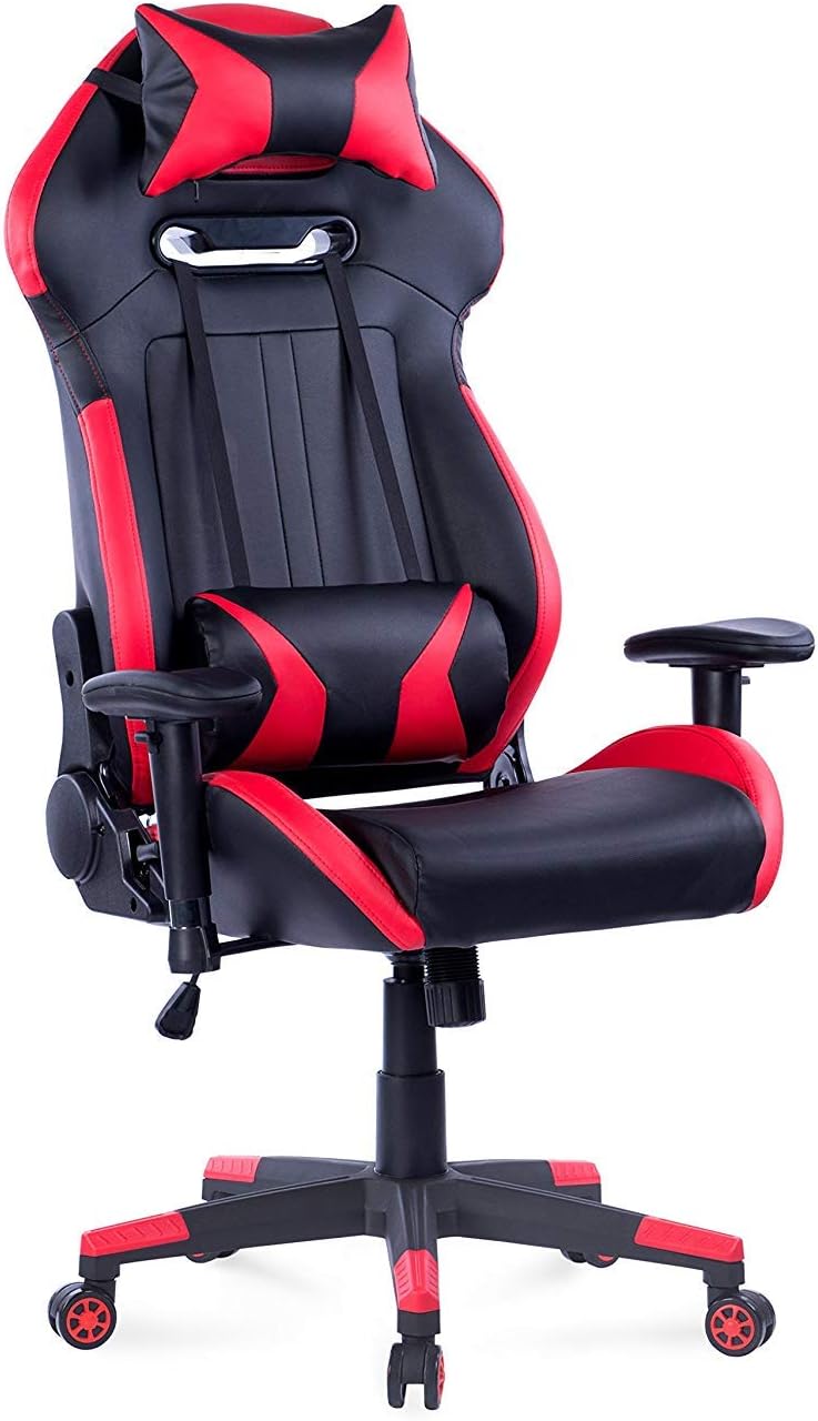 Ergonomic Gaming Chair with Footrest Large Reclining Computer Chair PVC Swivel Leather Executive Office Chair with Headrest Lumbar Support (Red)