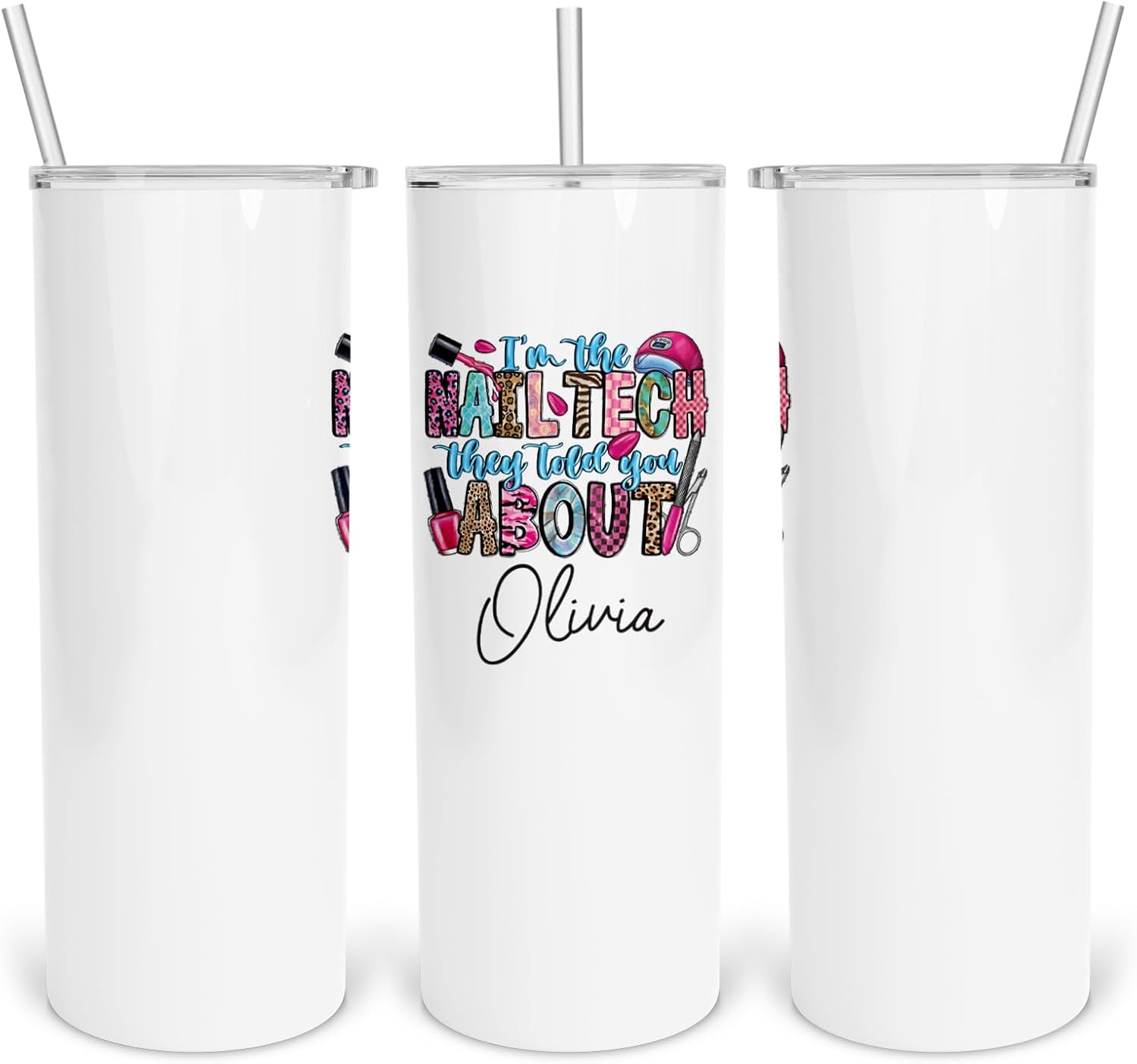 Skinny 20oz Nail Technician Personalized Sub Tumbler, Sublimation Cup for Manicurist, Stainless Steel Gift for Boss, Retirement Gift With Straw for Nail Tech, Birthday Cup With Lid, Vacuum Insulated