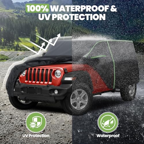 Image of Cartist 420d Car Cover Fits for Jeep Wrangler 4 Door JK JL 2006-2026, All Weather Car Covers for Wrangler Accessories, 100% Waterproof, Door Zipper, Night Reflective Strips, UV Rain Snow Protection