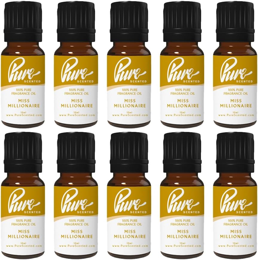 Pure Scented 100ml Fragrance Oils - 10 x 10ml Suitable for Candles, Soaps, Slime, Diffusers, Cosmetics, Wax Melts, Designer (10 x 10ml, Miss Millionaire)