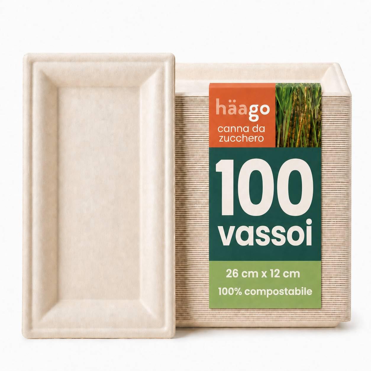 HAAGO 100 Piatti Rettangolari Compostabili in Canna da Zucchero (26 x 12 cm) – Vassoi in Bagassa, Rigidi, Anti-Grasso & Anti-Perdite – Usa e Getta per Finger Food, Buffet, Antipasti, Catering, BBQ