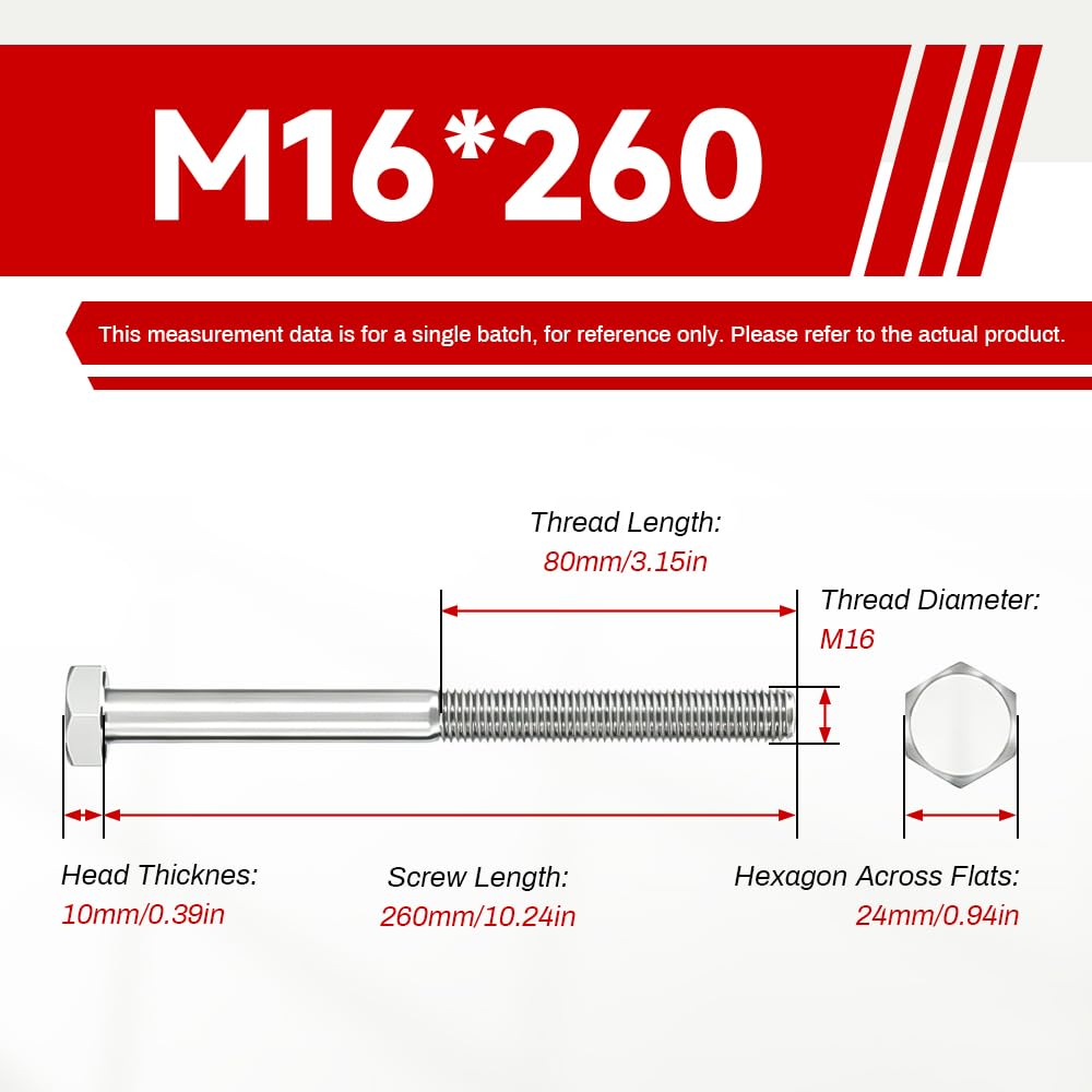 2 viti a brugola estese M16 x 260 mm con filettatura parziale | Vite di fissaggio in acciaio inossidabile esagonale esterna per strutture metalliche esterne e rinforzi in cemento armato