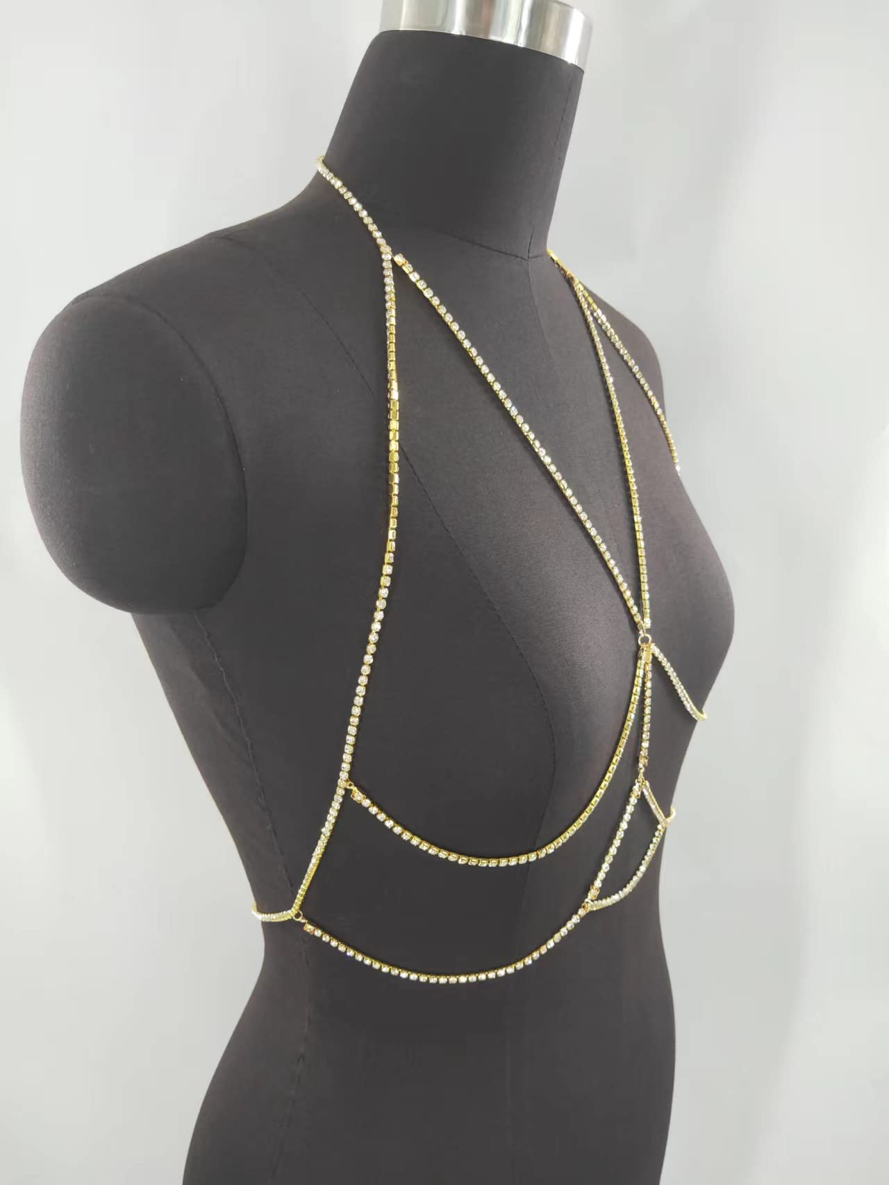RWRAPS Sexy Kette für Damen, Brustkette, Diamanten, Strand-BH-Kette, Kristall-Bikini-Dessous-Dekoration, golden
