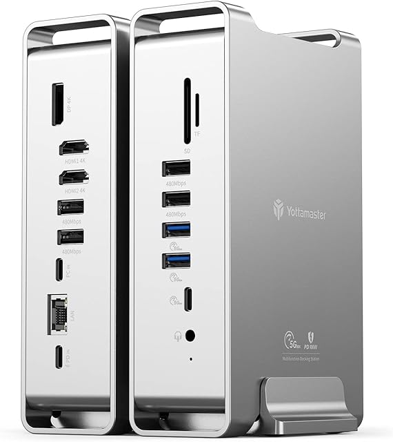 Yottamaster Triple Display Dock with 2 HDMI & DP1.4 for M1 Mac & Windows, 15-in-1 PD100W USB C Displaylink Dock with 4K@60Hz, Gigabit Ethernet, 2 USB C, 6 USB A, Audio, SD & TF