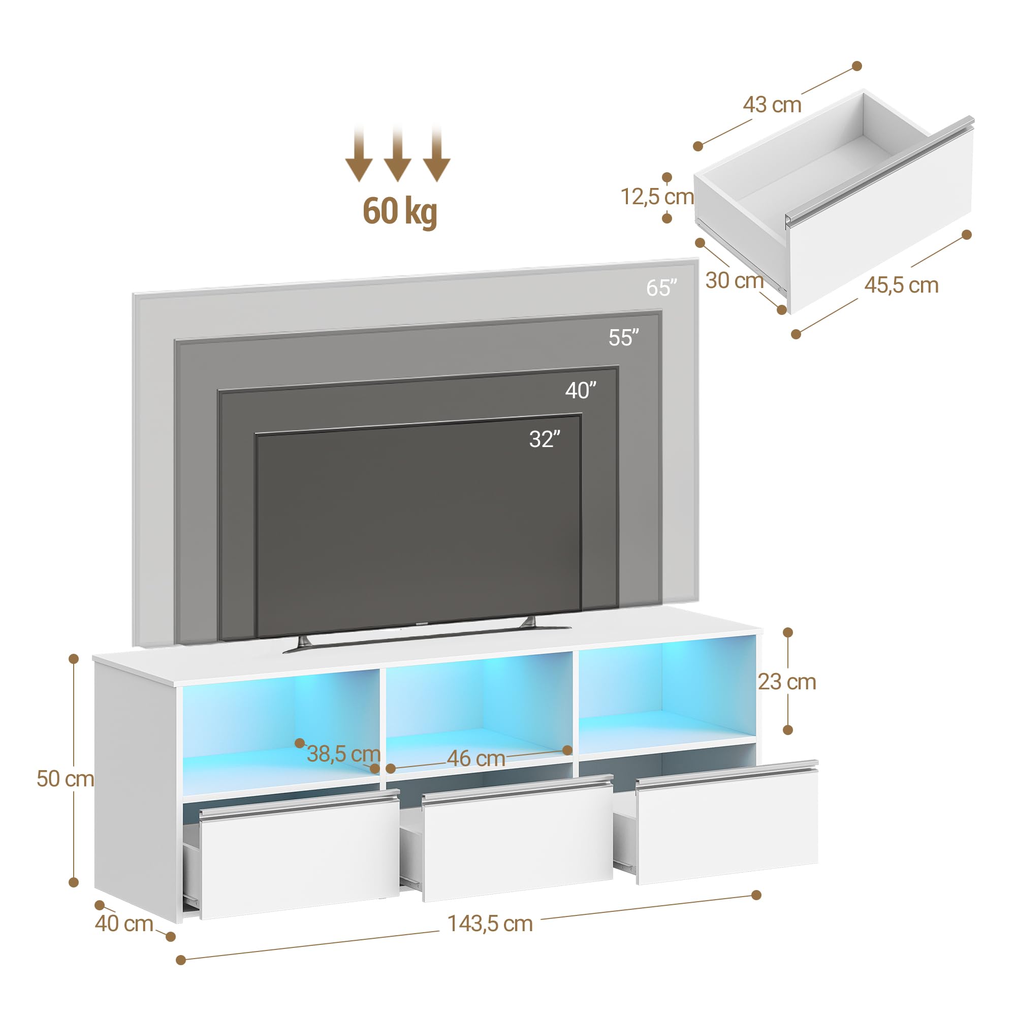 Hzuaneri TV-Schrank mit RGB LED Beleuchtung (25 Farben), TV Cabinet für Fernseher bis zu 65 Zoll 143,5 lang, TV Board mit 3 Schubladen, 3 offenen Fächern für Wohnzimmer, Schlafzimmer, Weiß TV16503WEU