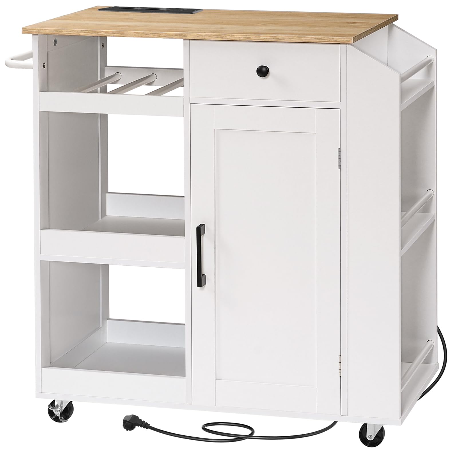 MAHANCRIS Carro de Cocina, Isla de Cocina, con Armario de Almacenamiento, Cajón y Especiero, Carrito Auxiliar con Enchufe Múltiple, para Comedor, Blanco y Natural AKINW122UE01
