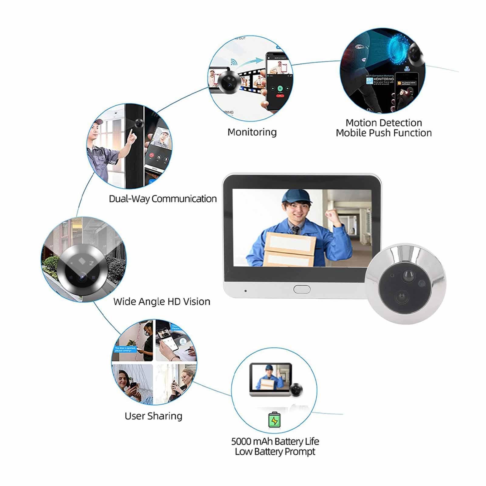 Nikou Videocitofono intelligente senza fili da 1080P, con schermo a colori da 4,3 pollici, videochiamate bidirezionali, riconoscimento personale, per porte da 35 a 120 mm