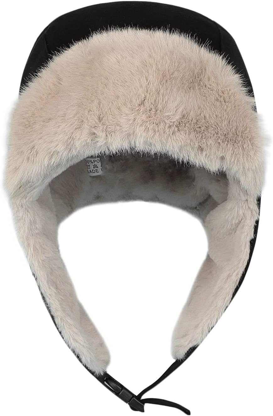 Women Winter Furry Trapper Hat with Earflaps Warm Faux Fur Windproof Russian Trooper Cap Fleece Lined Plush Hunting Ski
