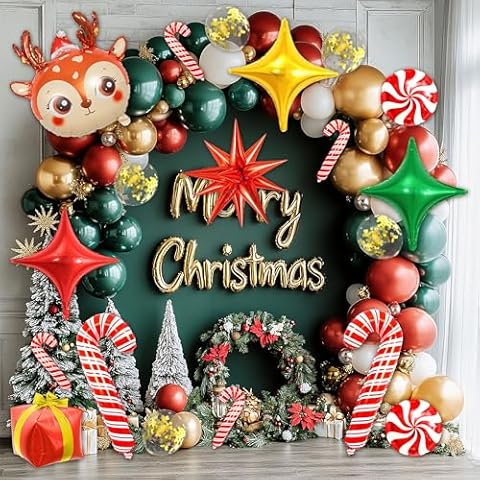 149 PCS Christmas Balloon Garland Arch Kit, Classic Red Green Gold White Latex Christmas Balloons with Gift Box Red Star Candy Cane Foil Balloons for Merry Christmas Party Decorations Supplies Cover