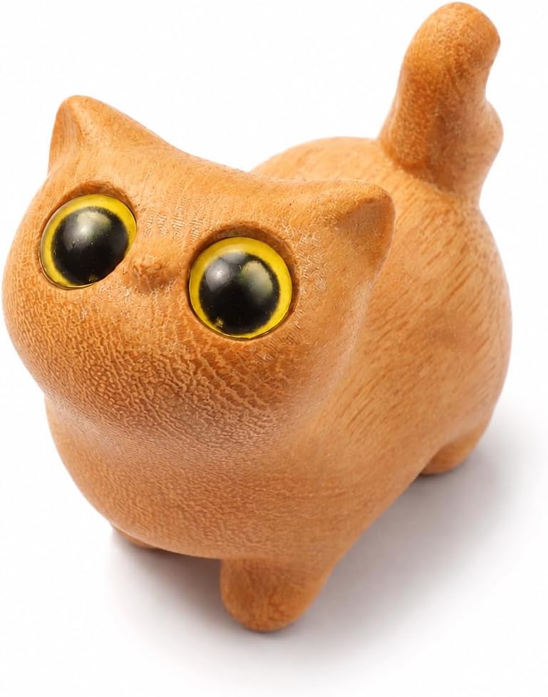 kcrygogo Natural Wood Cat Figurine, Small Wooden Cat Desk Decor with Expressive Yellow Eyes, Cute Walking Cat Statue for Shelf Desktop, Gift for Cat Lovers