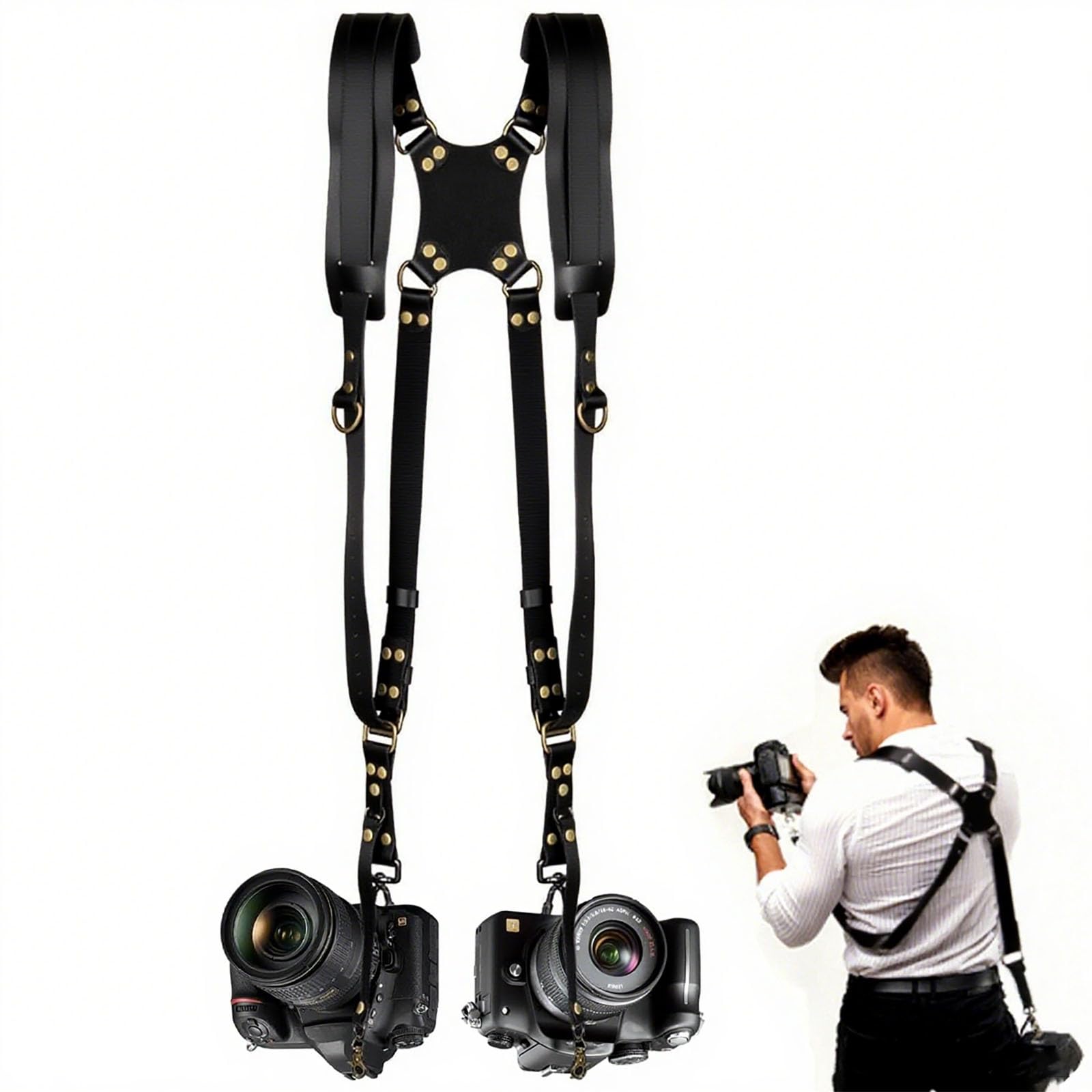 Imbracatura per fotocamera,Cinghie per fotocamera nere per fotografi,Doppia cinghia per fotocamera in pelle per due fotocamere DSLR/SLR