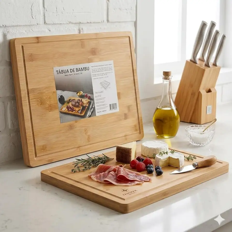 Tábua Para Churrasco 100% Bambu Premium (Luxo) Para Churrasco e Legumes, Em Bambu Com 40x33cm e 3cm de espessura super (Grossa) (3cm) Ideal para Preparar, Cortar e Servir, Superficie Antibacteriana