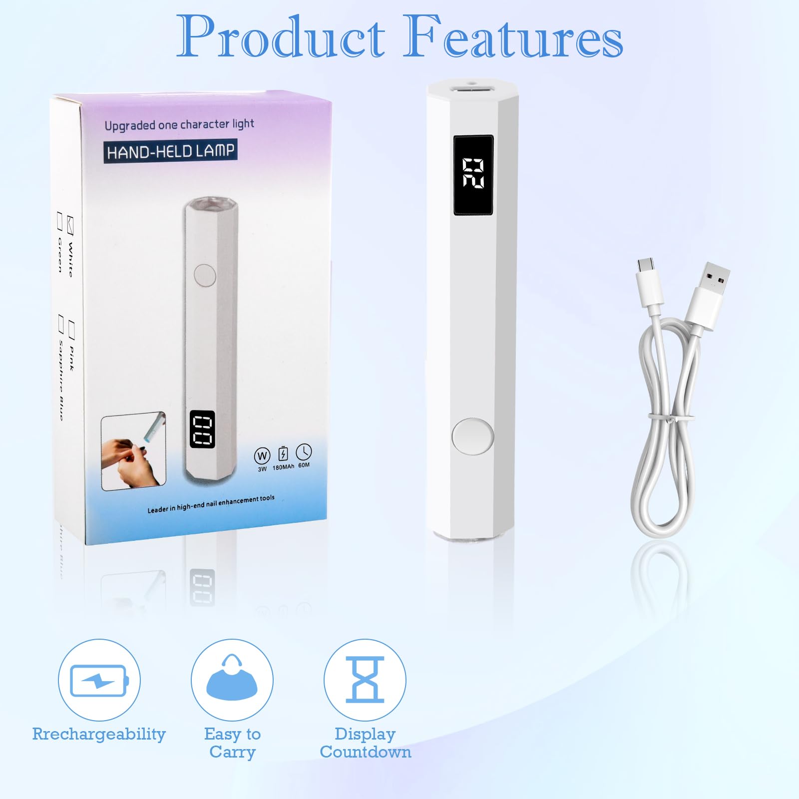 MXTIMWAN Lampada per unghie, UV portatile et ricaricabile, luce a mano per unghie in gel, con 2 timer 20/60S, per manicure, in resina di estensione del gel fai da te nail art bianco