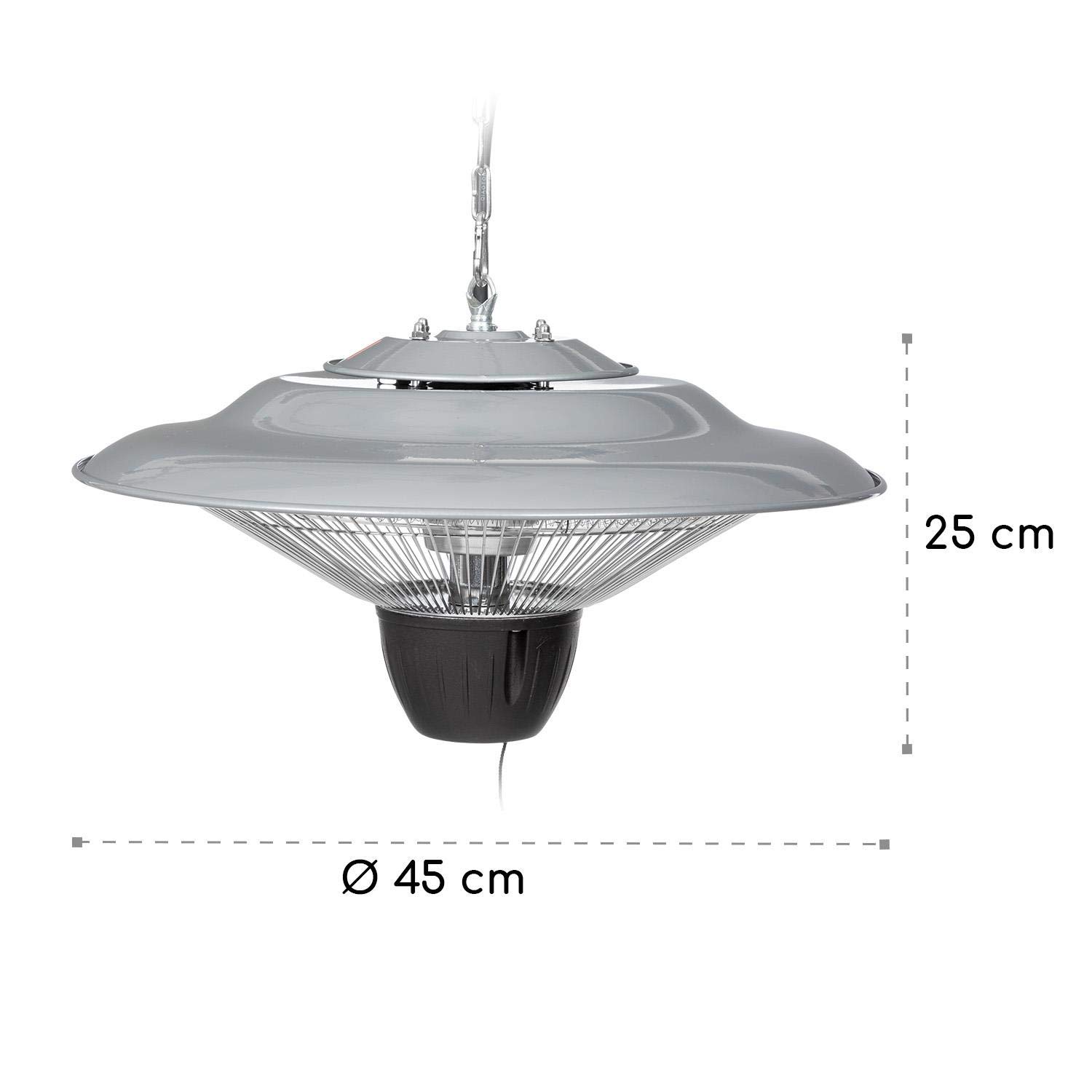 DURAMAXX grzejnik sufitowy na podczerwień z głowicą grzewczą na sufit (2 stopnie, 750/1500 W, do powierzchni ok. 9 m², w zestawie łańcuch do zawieszenia) srebrny