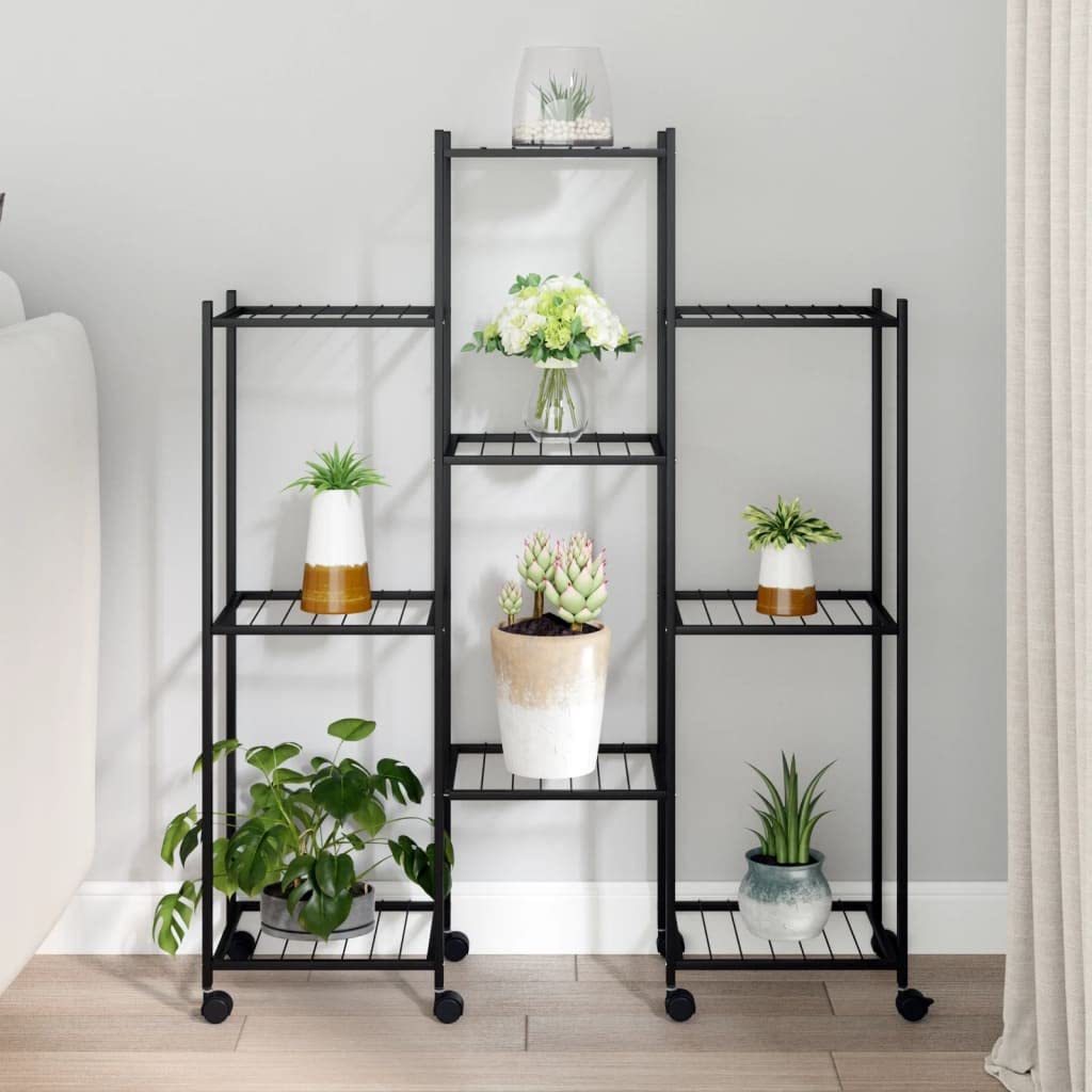 Support à fleurs avec roulettes noir en fer 83x25x103,5 cm pour balcon