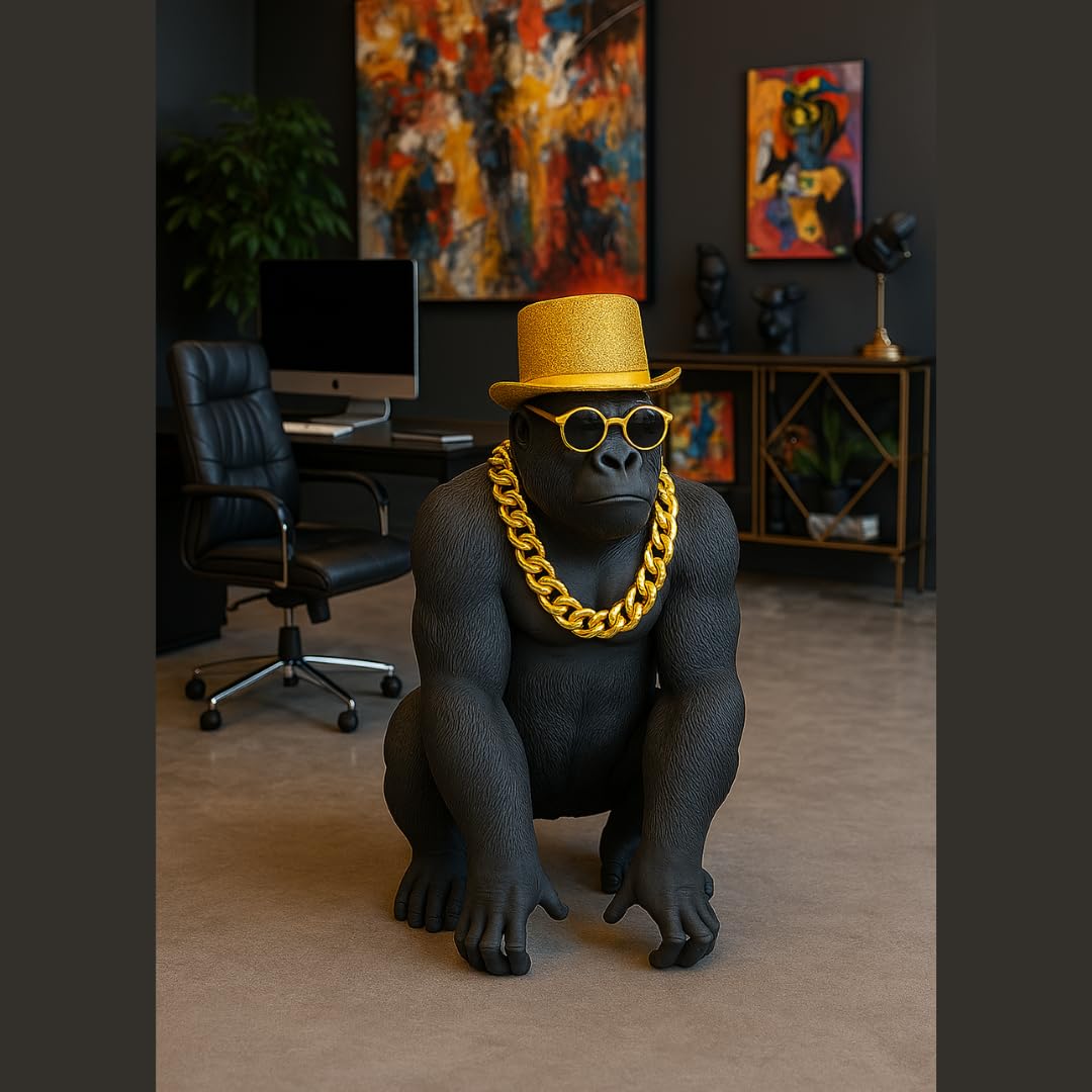 Bongo Gold – Statua Gorilla dorata di alta qualità, statuetta decorativa con occhiali e catena dorata – scultura di design XXL – creazione francese di eccezione per soggiorno ufficio