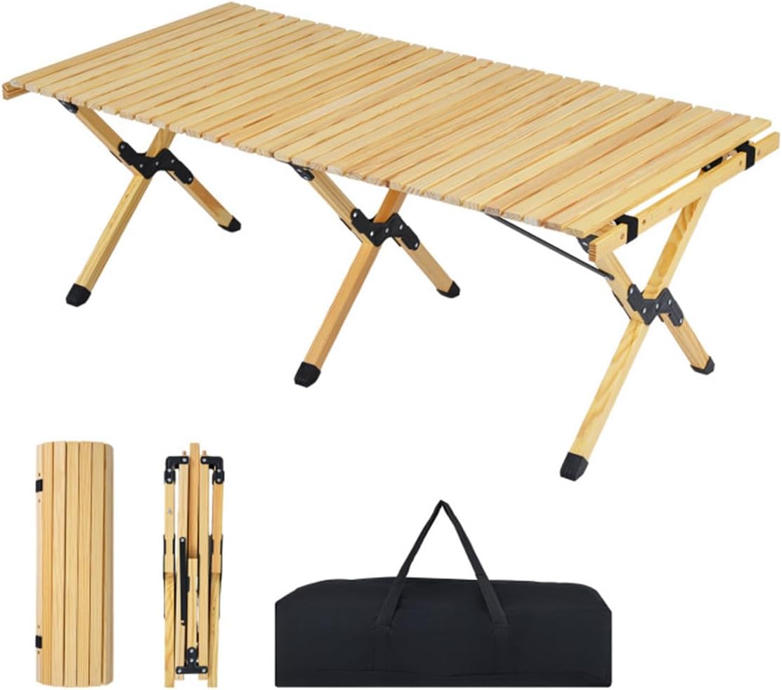48"×24" Foldable Pine Wood Camping Table, Portable Roll Up Beach Table with Carry Bag, 155LBS Capacity for Outdoor Picnic, BBQ, Travel