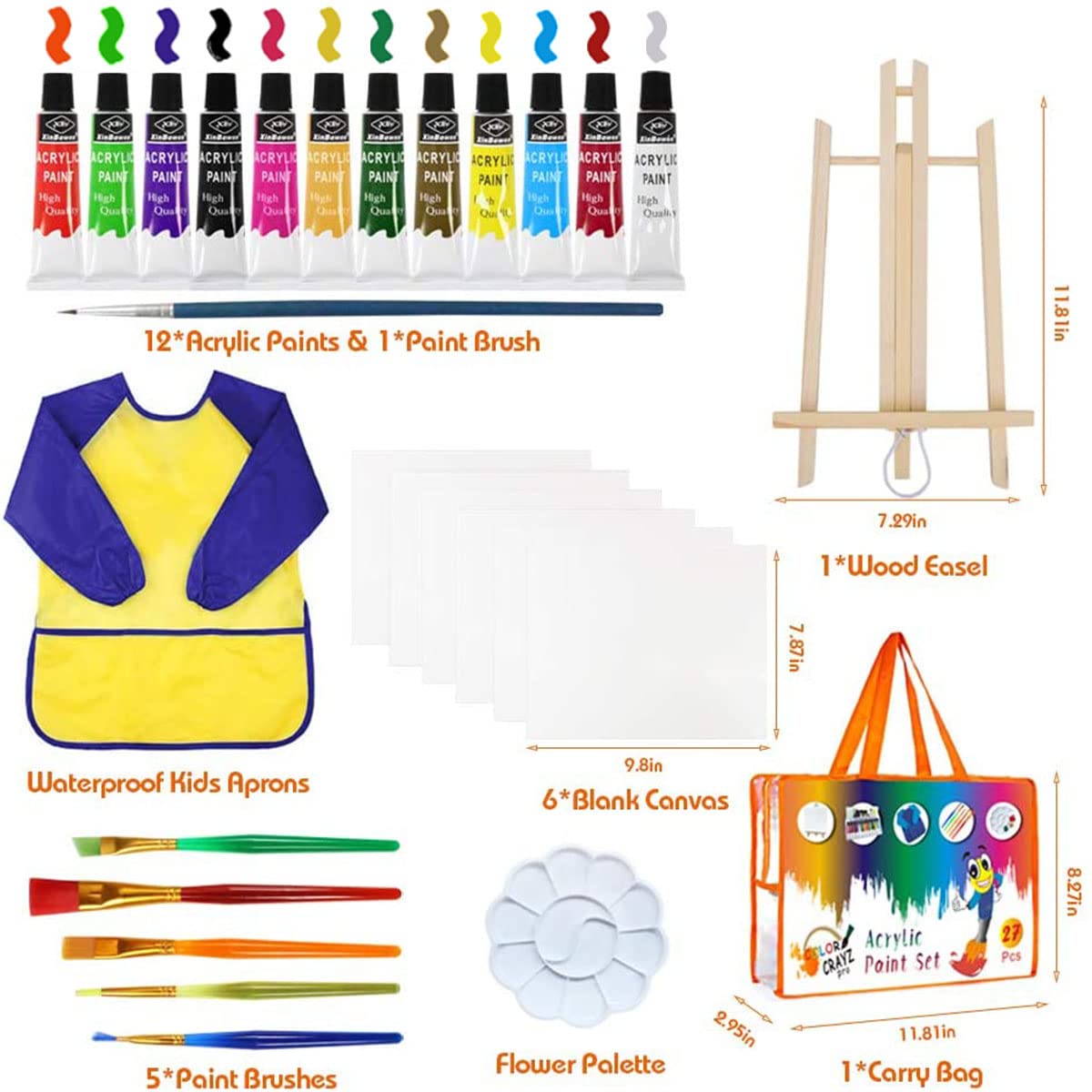 Set da Pittura per Bambini, Vernici per Lavoretti per Bambini, Kit di Pennelli da 27 Pezzi con Pennelli Tavolozza da Cavalletto su Tela Grembiuli Impermeabili per Lavoretti