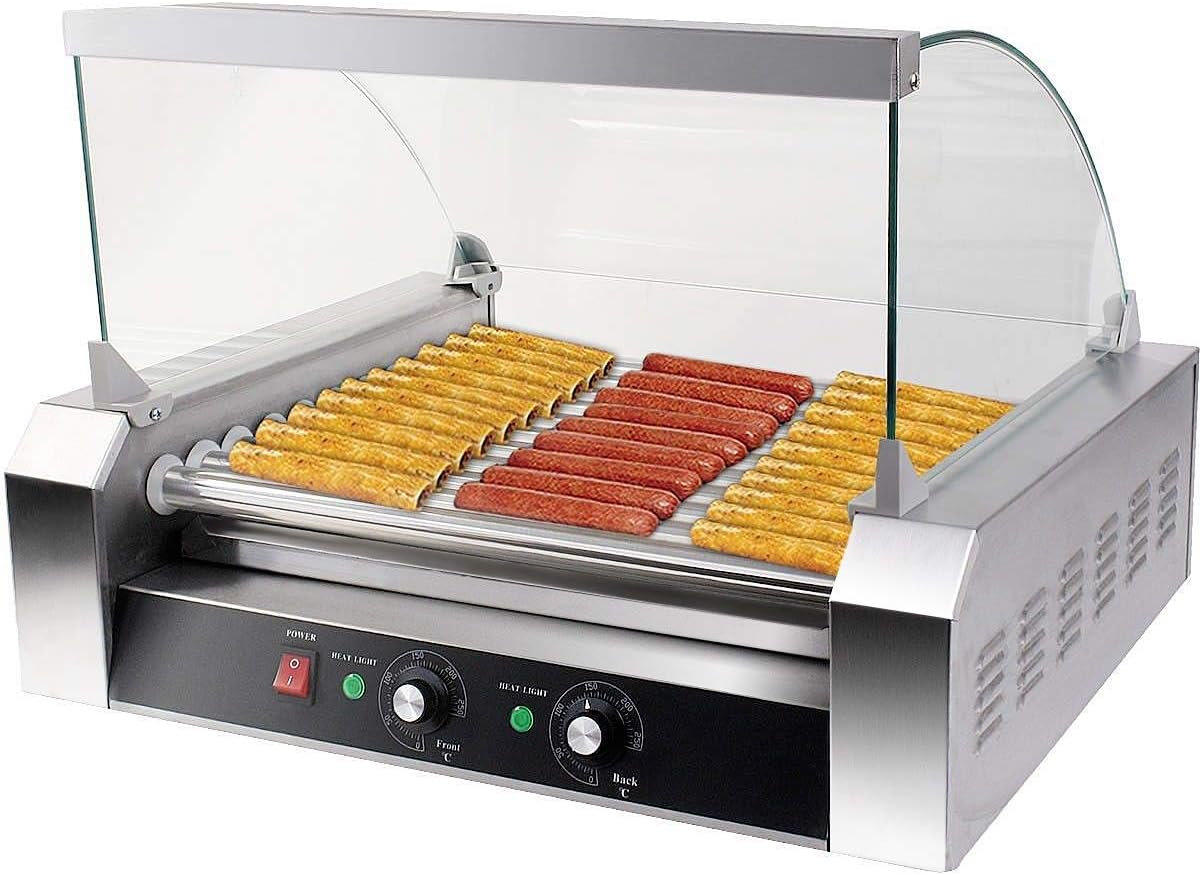 ReunionG Commercial Electric Hotdog Grilling Cooker 11 Rollers for 30 Hotdogs Stainless Steel Hot Dog Warmer Grilling Machine with Cover, Grade 1650W (20''W)