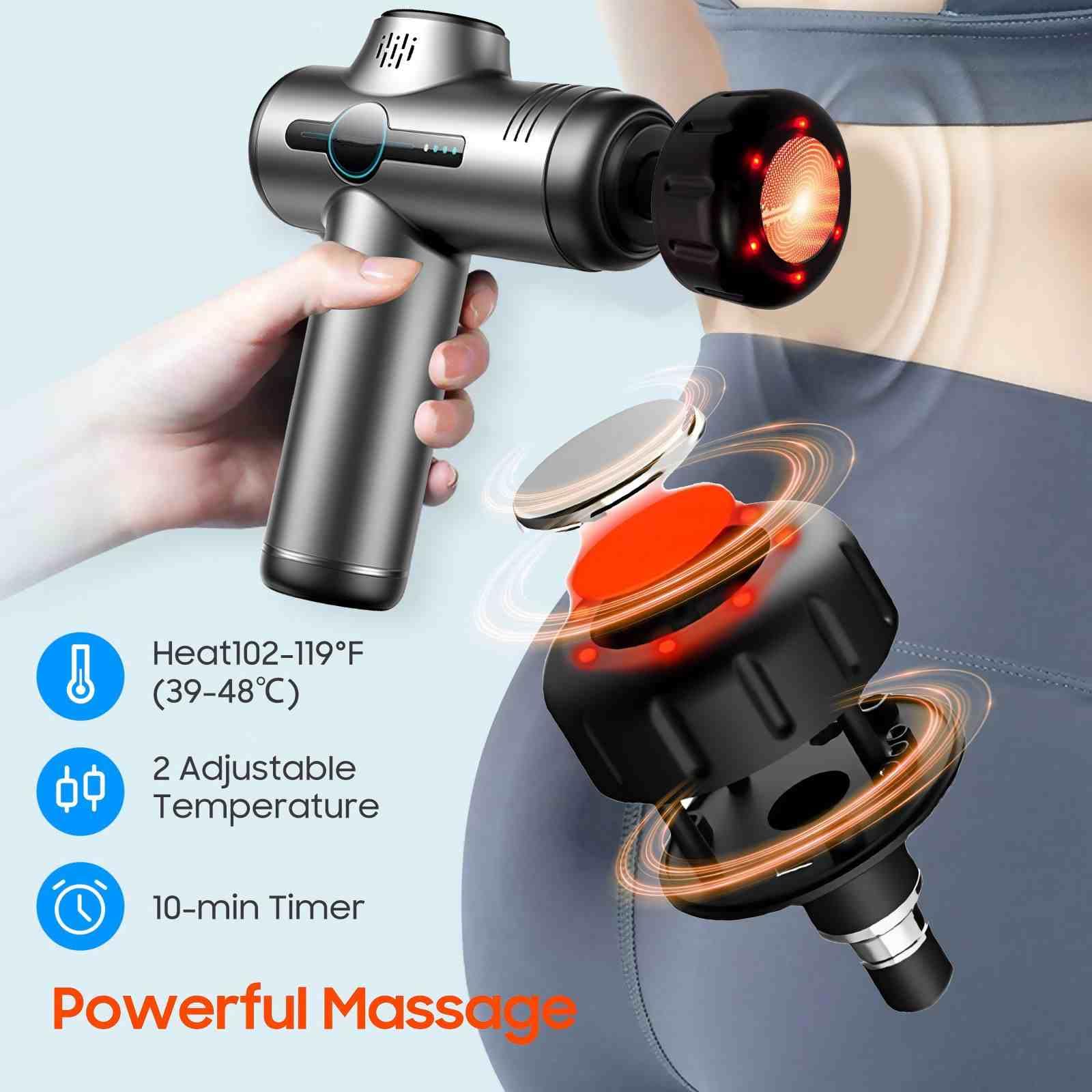 Pistola de masaje con calor, potente masaje de calentamiento, hogar y viajes, gris | Pistola de masaje con calor, potente masaje calentado, masajeador portátil silencioso para el hogar y viajes, diseño ligero