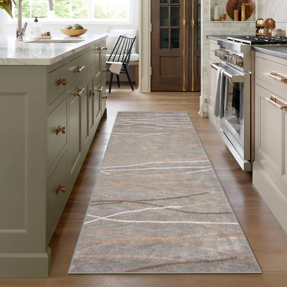 Tappeto Cucina Antiscivolo Lavabile, Passatoia per Corridoio e Ingresso,Marrone a righe，100 x 150 cm