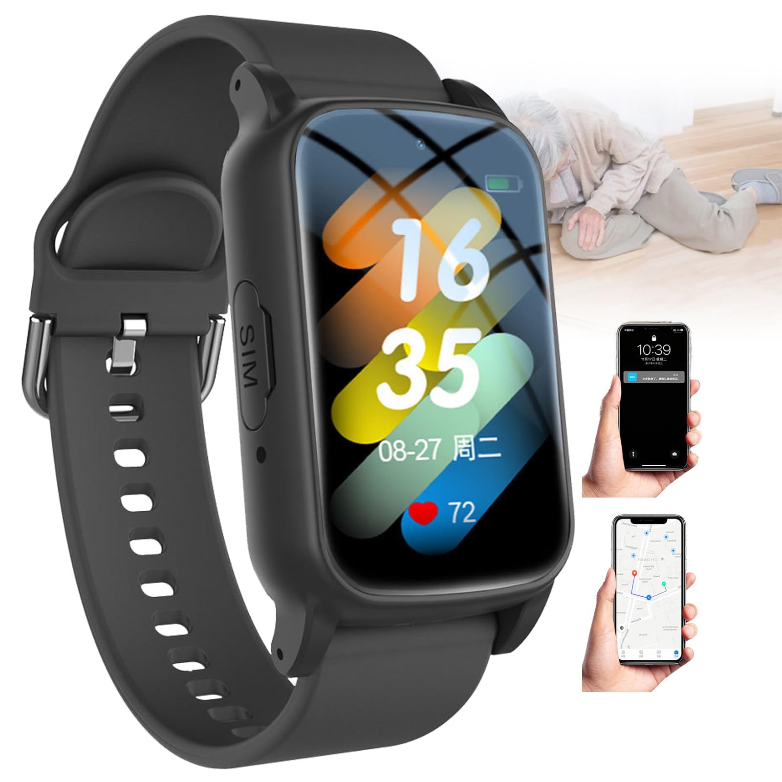 Reloj Inteligente Para Mayores Con Detección De Caídas Y Botón Sos,Rastreador Gps Para Personas Con Demencia,Alzheimer Y Autismo,Resistencia Al Agua Ip67,Monitoreo De Salud Y Videollamada HD Black