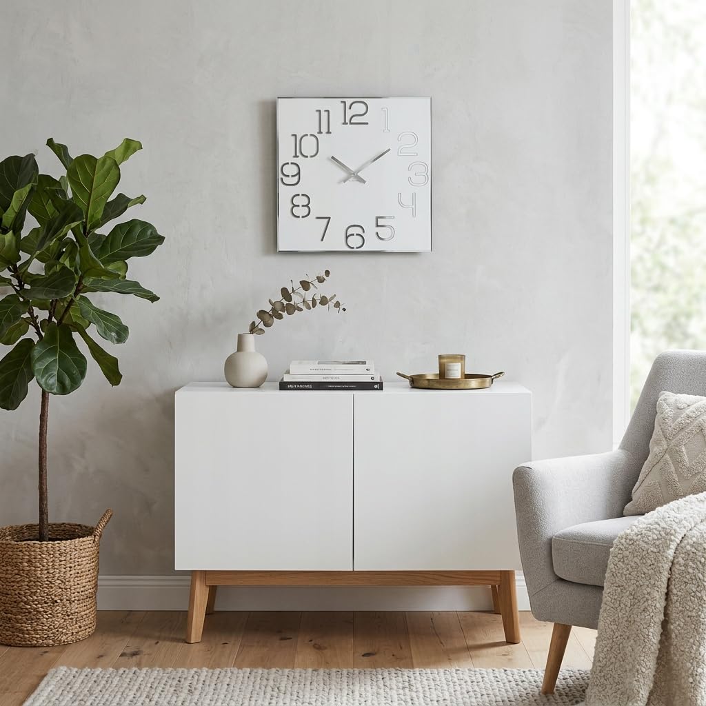 FLEXISTYLE Wanduhr groß 50cm weiß Holz modern lautlos ohne Tickgeräusche Zahlen Design Wanddekoration Wohnzimmer Küche Büro Badezimmer Elegante große wall Clock minimalistisch