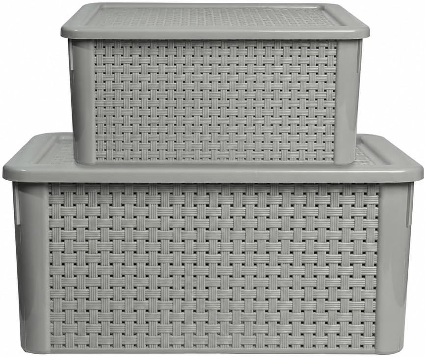 GIOTTO Rattan 2 Piece Plastic Storage Bins with Lids Set 7L, 237oz 14L, 474oz Organizer Bins Closet Pantry Office Laundry Stackable Basket Style Containers Closet Kitchen Bathroom Organization