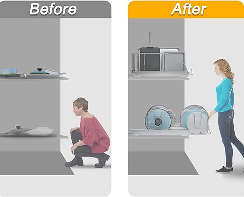 Miniatura 9 de ROOMTEC Organizador de tapa de sartén y olla deslizante para gabinete, estante extraíble para tapa de olla, tabla de cortar, soporte para utensilios