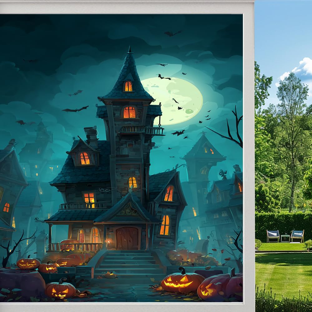Horror Castle Night Frosted Window Film, Full Moon Dark Bats Stained Glass Privacy Film, Heat Insulation Self-Adhesive Vinyl for Bathroom Office, （40x90cm）