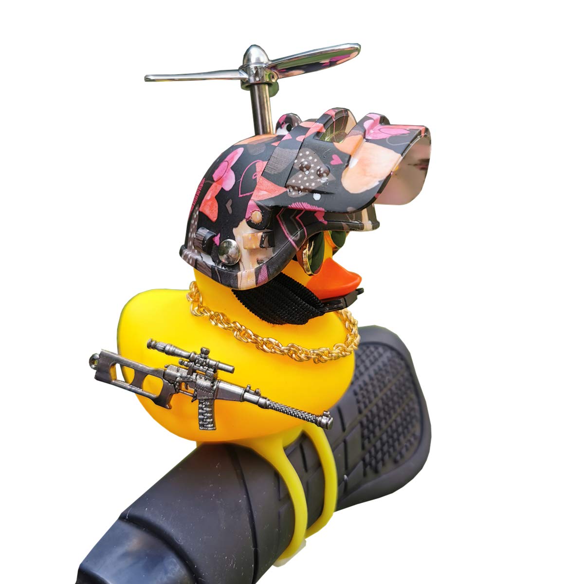 Duck Bike Bell, Rubber Yellow Duck Bicycle Car Ornaments with LED Light&Toy Gun, Cute Propeller Handlebar Bicycle Horns for Kids Toddler Adults (Style-1)