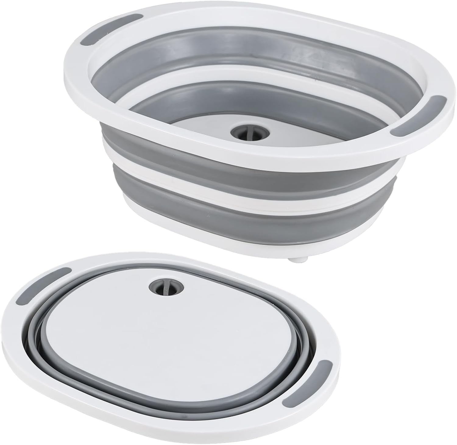 7.5 L/2 Gallon Collapsible Wash Basin, Plastic Dish Basin with Drain, 2-In-1 Portable Foldable Dish Pan and Cutting Board, Gray White