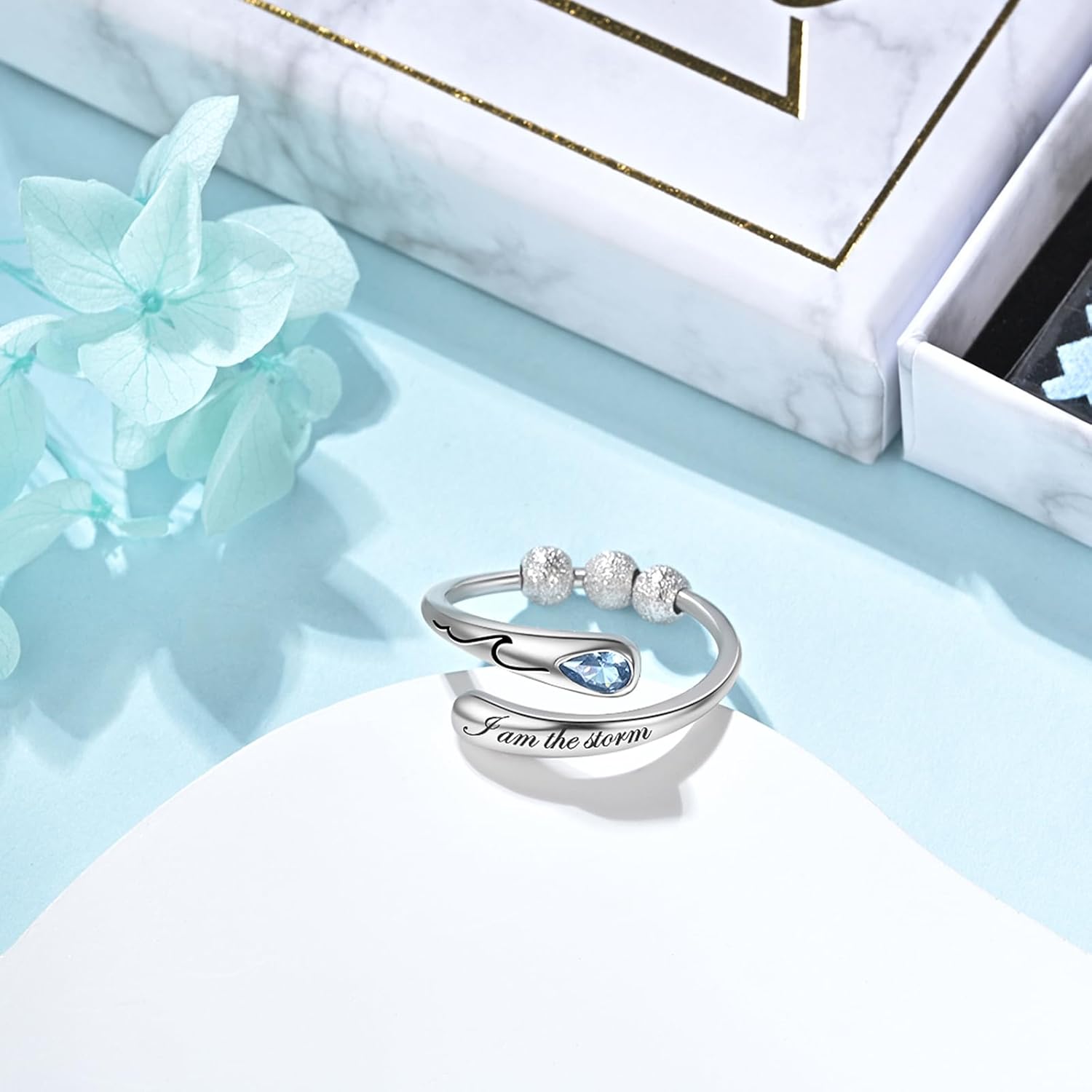 inspirational Anxiety Ladies 925 sterling silver adjustable Fidge ring with rotating beads, anti anxiety jewelry gift - Image 4