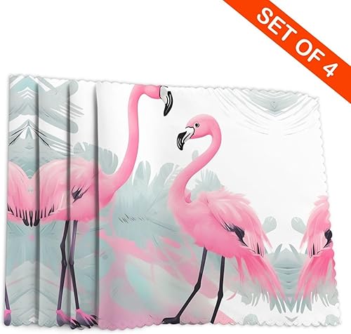 Miniatura 4 de Rectangular Placemats Set of 4, Heat Resistant Pink Flamingo Printed Kitchen Dining Table Mats