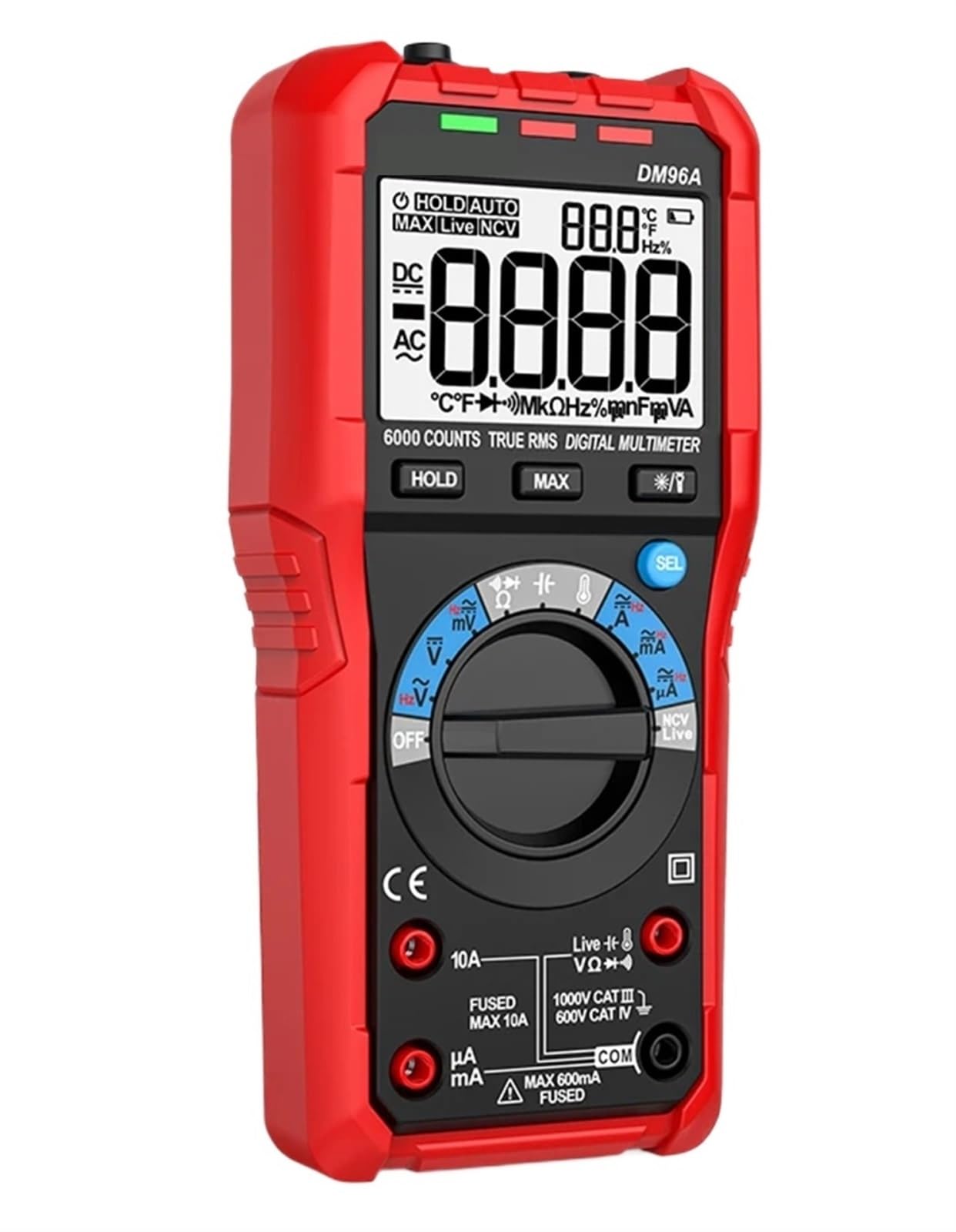 Multimetr cyfrowy, Cyfrowy multimetr testowy z funkcją NCV Data Hold, 6000 zliczeń, automatyczny zakres, miernik napięcia AC/DC, miernik omomierza 1000 A, miernik wartości skutecznej rzeczywistej Wsze