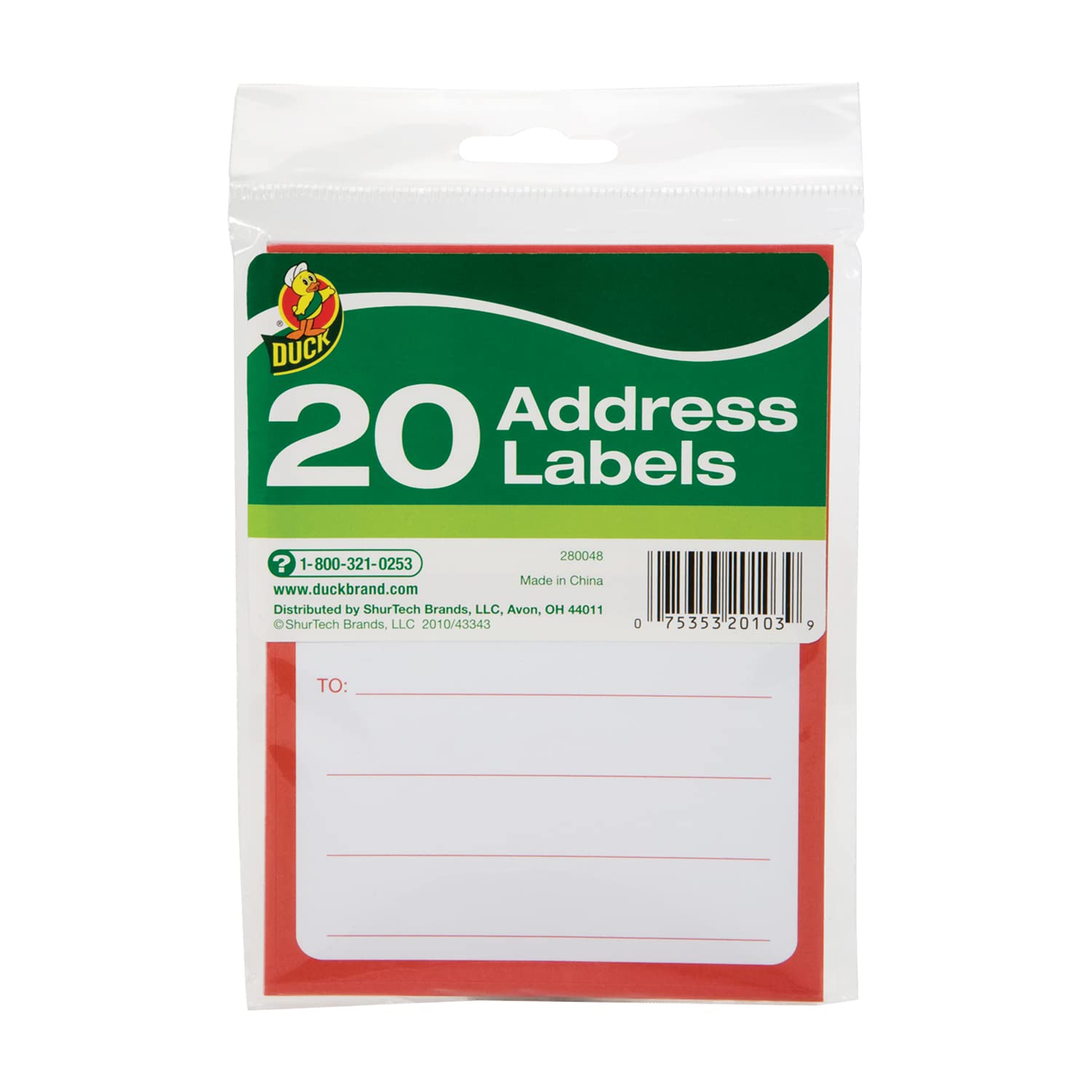 Duck Brand To/From Pressure-Sensitive Address Mailing Labels, 20 Label Pack (280048),White