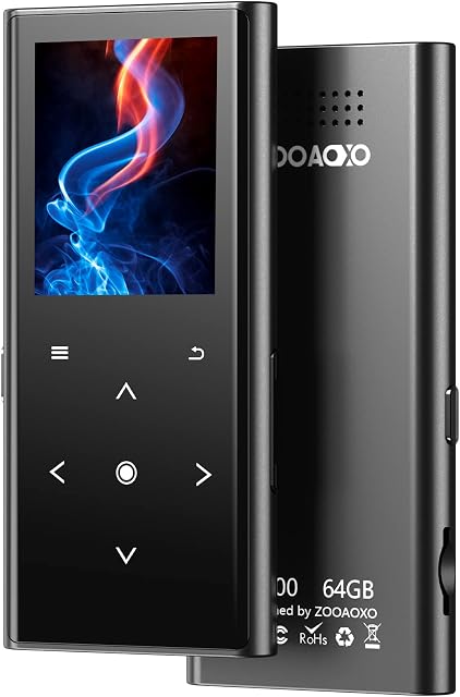 64GB MP3 Players, ZOOAOXO Music Player with Bluetooth 5.2, Built-in HD Speaker, FM Radio, Voice Recorder, Mini Design, Weigh 70Grams, HiFi Sound, Ideal for Sport, Earphones Included