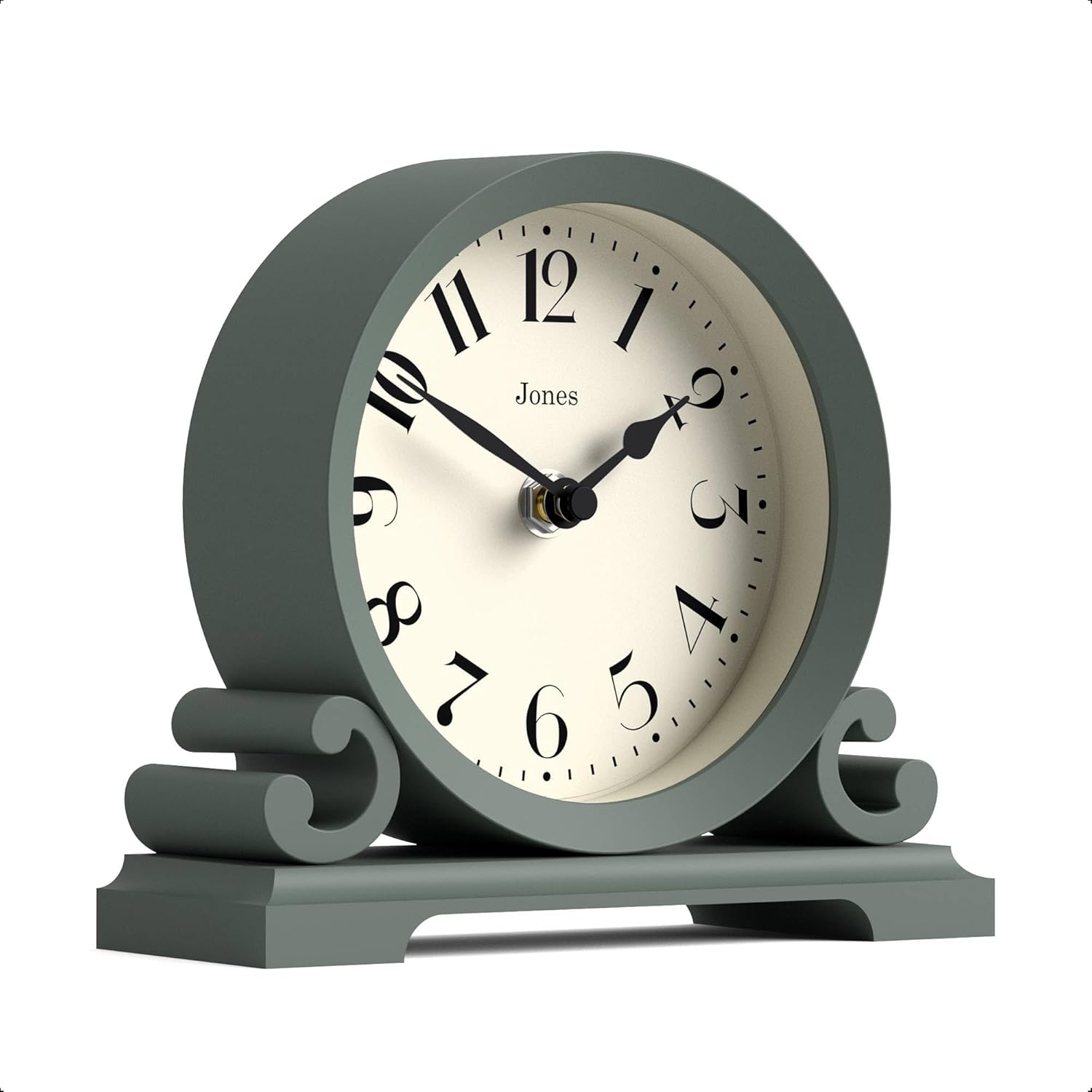 JONES CLOCKS® Saloon Mantel Clock | Small Traditional Double Scroll Design | Green | Contemporary Classic Style for Desk, Table, Shelf or Bedside
