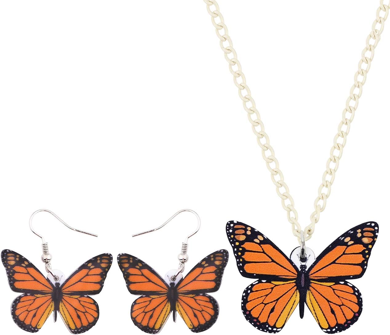 WEVENIAcrylic Monarch Butterfly Necklace and Earrings Morpho Butterfly Jewelry Sets Insect Dangle Drop Pendant for Women Girls Ladies