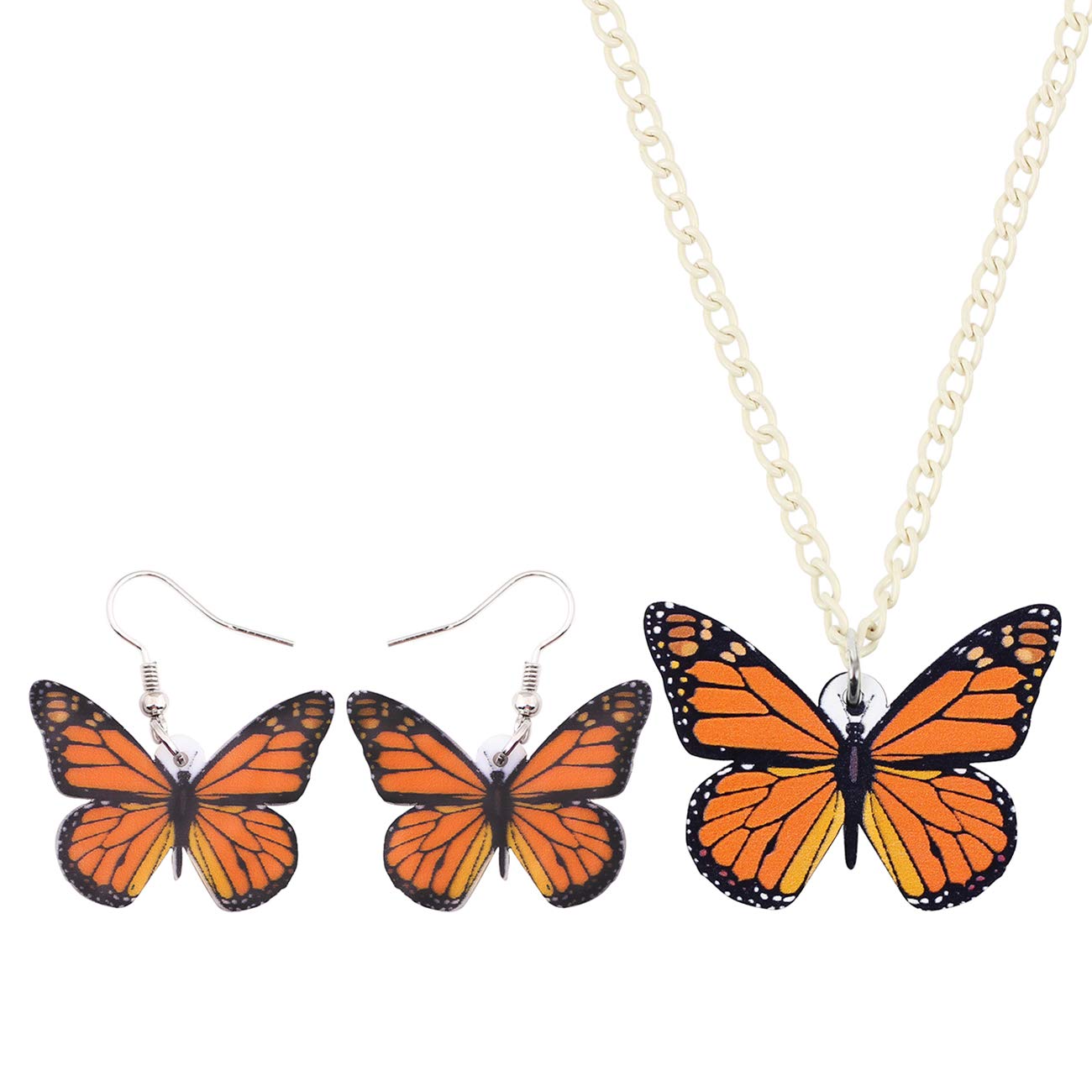 WEVENIAcrylic Monarch Butterfly Necklace and Earrings Morpho Butterfly Jewelry Sets Insect Dangle Drop Pendant for Women Girls Ladies