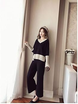 Amazon | [CARLIE KLOSS] Vネック ニット ワイドパンツ レディース セットアップ パンツスーツ 同窓会 服装 ツーピース  フォーマル 上下 二点セット 秋 冬 | パンツスーツ 通販
