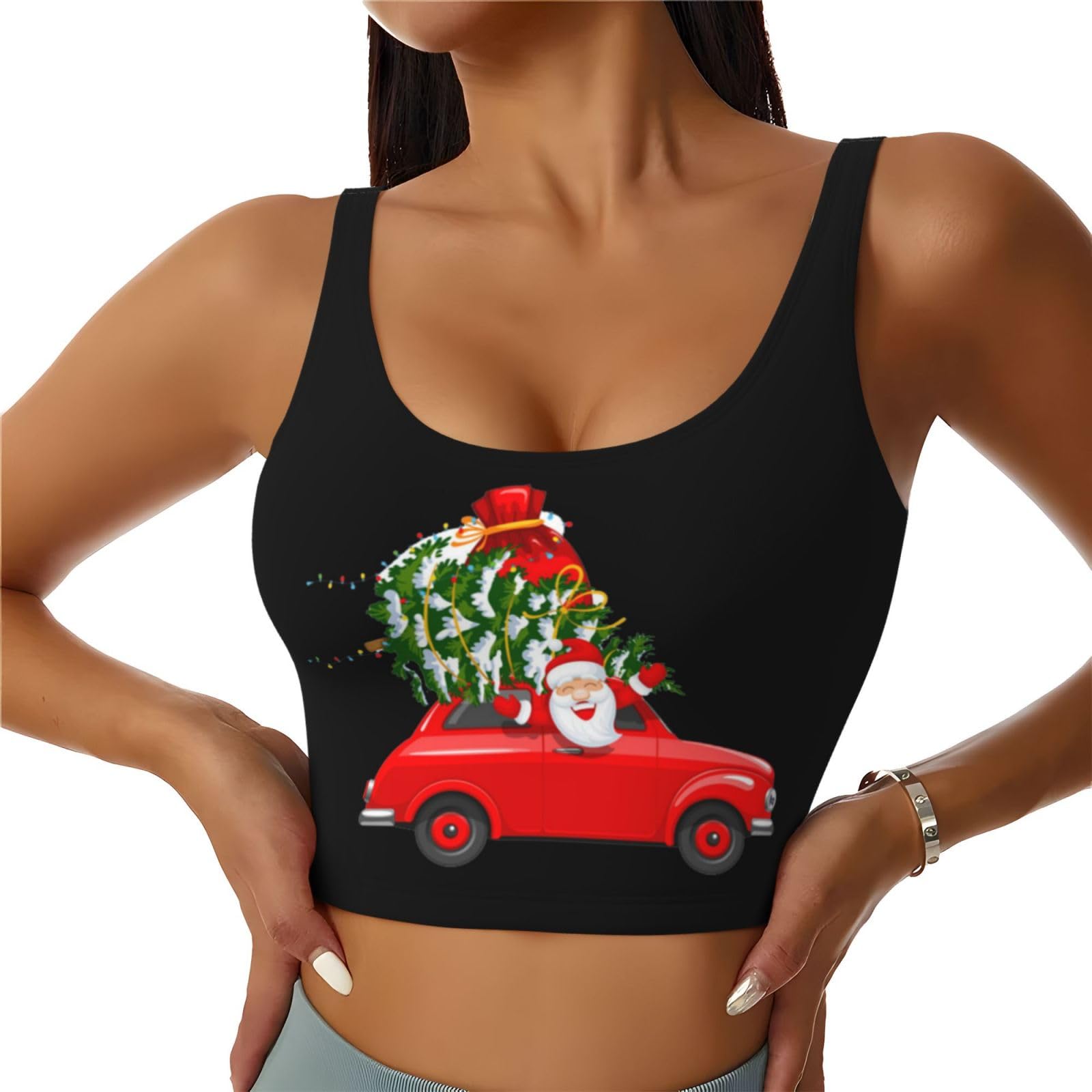 NDDCEDEW Women's Sports Bras - U-Racerback Bra Santa in A Car Workout Tank Tops with Removable Cups for Running/Yoga/Gym